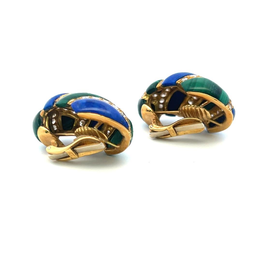 Boucles d'oreilles clips en or 18 carats avec diamant rond brillant de 4,50 ct, lapis et malachite en vente 8