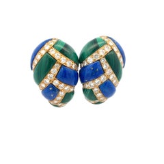4.50ct Round Brilliant Diamond, Lapis & Malachite Clip-On Earrings in 18K Gold