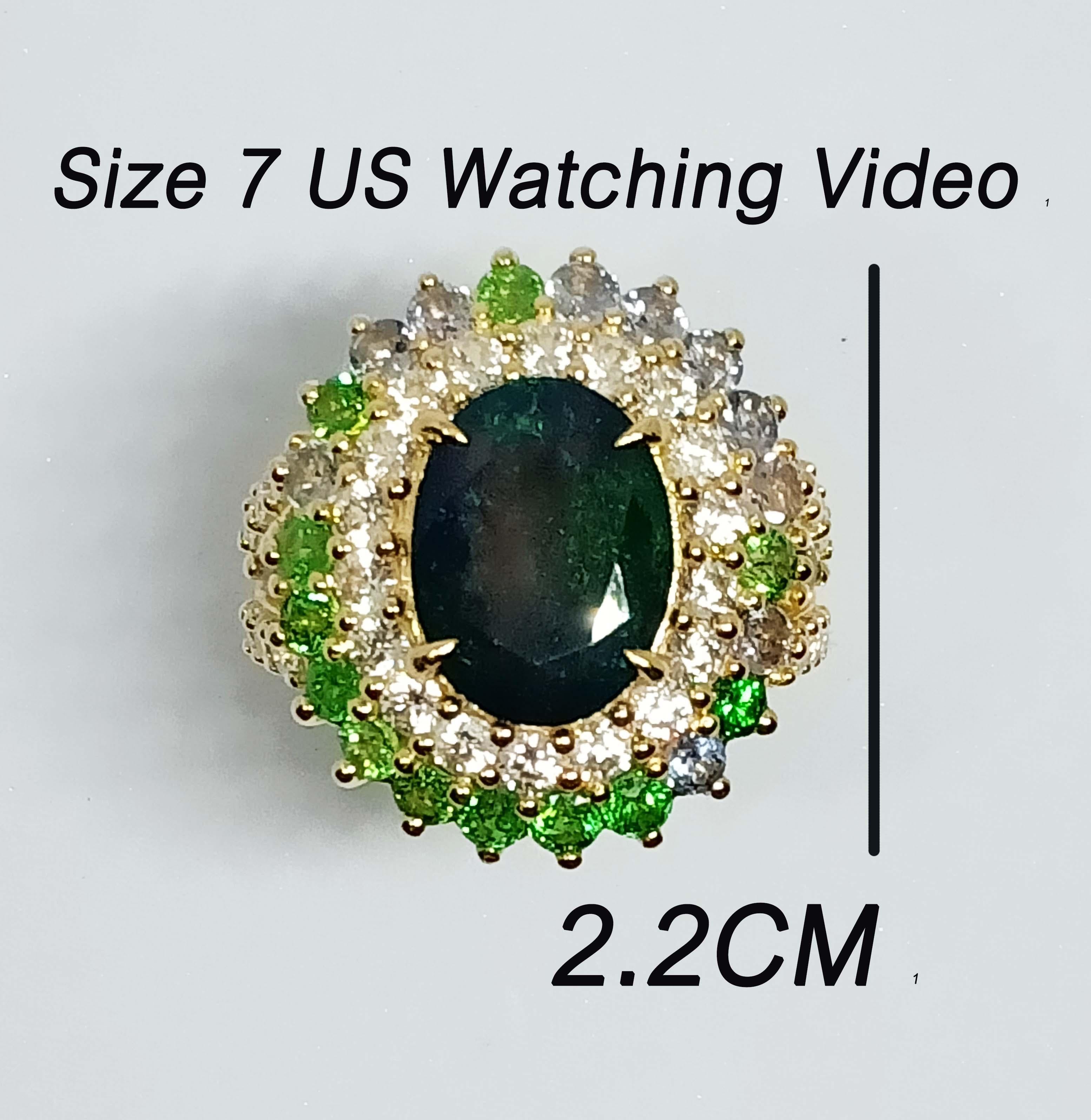 Black Opal Oval 12.3x9.2 mm. 4.50cts.
Tanzanite Round 2.5 mm. 12pcs. 1.09 cts.
Travorite Round 2.5 mm. 12 pcs. 0.98 cts.
White zircon 2.25 mm. 30 pcs.
Sterling Silver in 18K Gold Plated.
Ring size 7 Us.

