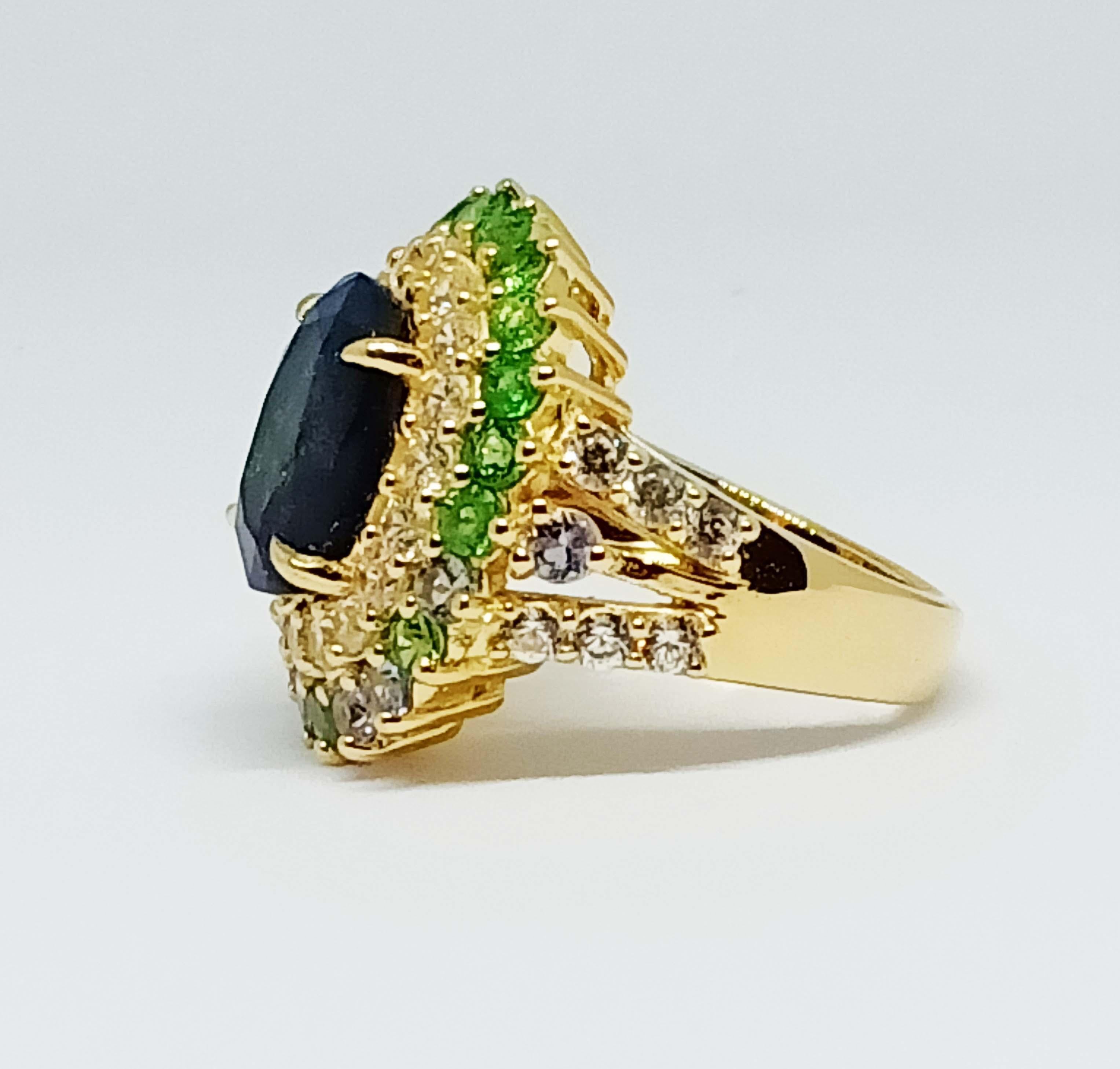 Oval Cut 4.50cts Black Opal Ring. Sterling Silver in 18K Gold Plated.