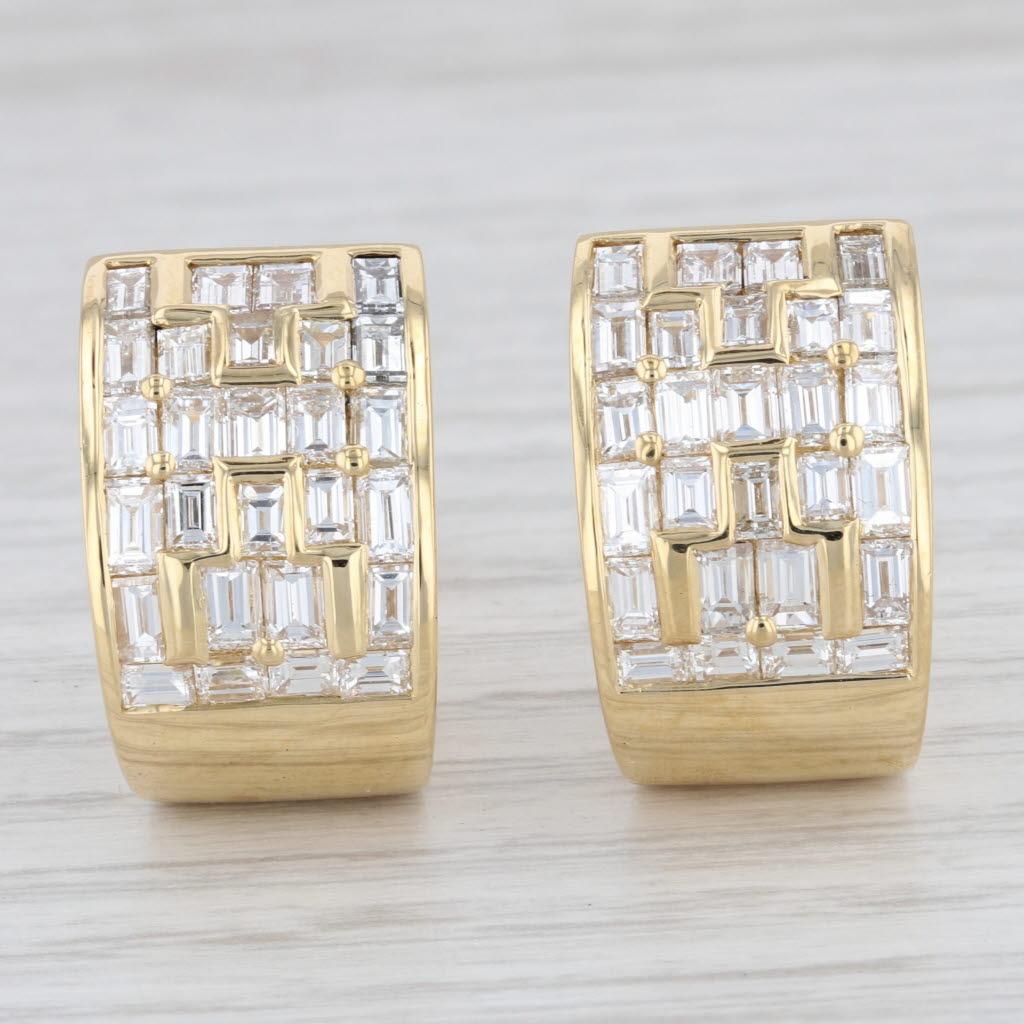 Gemstone Information:
- Natural Diamonds -
Total Carats - 4.50ctw
Cut - Baguette
Color - E - F
Clarity - VS2

Metal: 18k Yellow Gold 
Weight: 19.7 Grams 
Stamps: 750
Closure: Stick Posts & Omega Backs
Measurements: 20.5 x 13 mm
