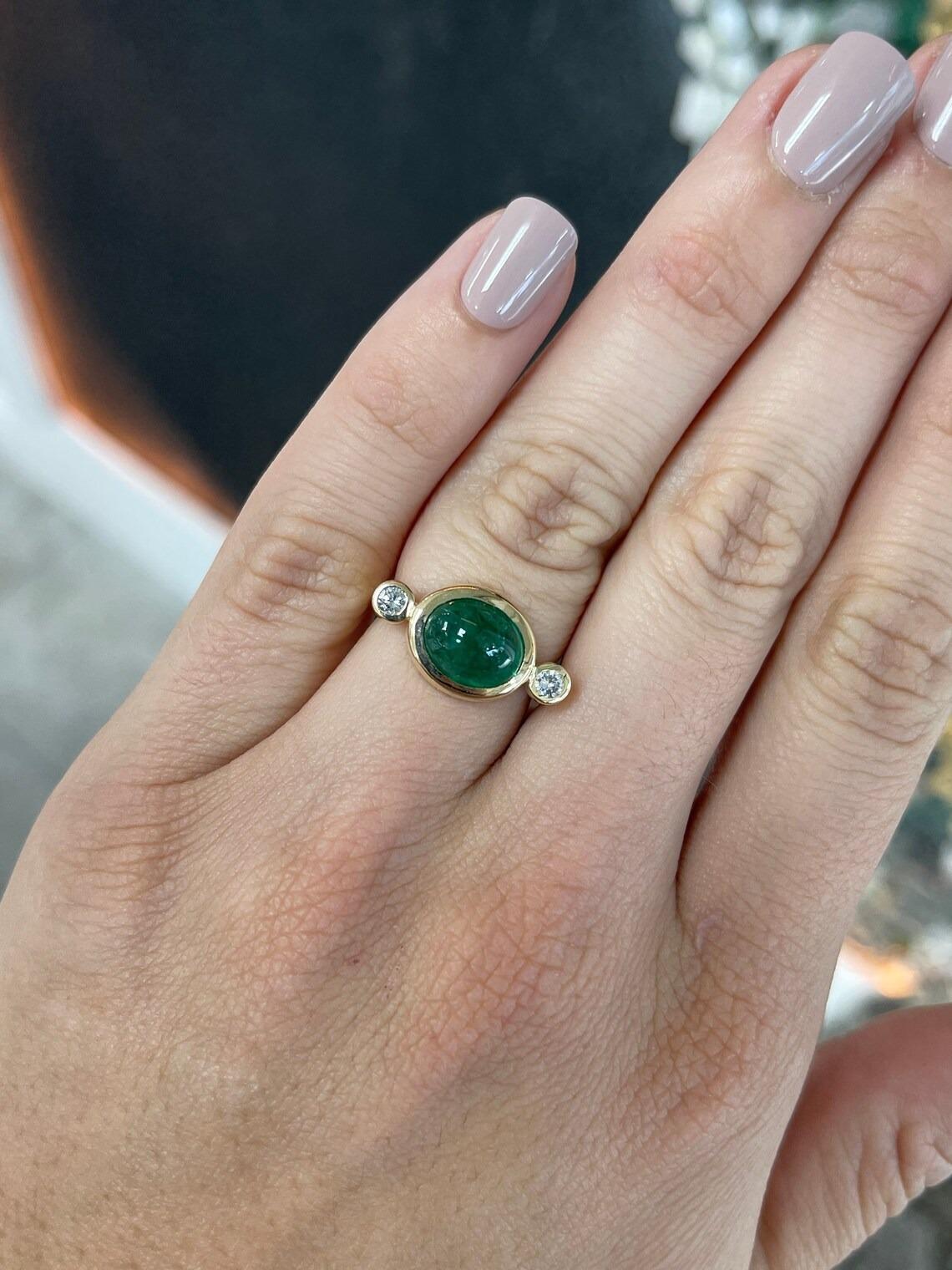 Modern 4.50tcw 14K East to West Oval Cabochon Emerald & Round Diamond 3 Stone Gold Ring For Sale
