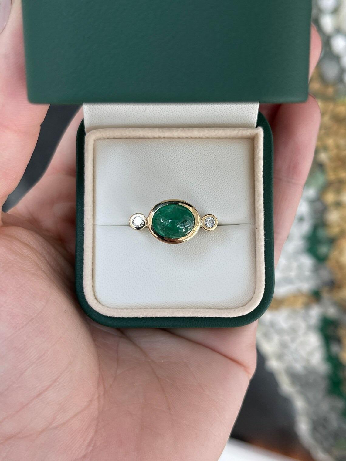 4.50tcw 14K East to West Oval Cabochon Emerald & Round Diamond 3 Stone Gold Ring For Sale 1