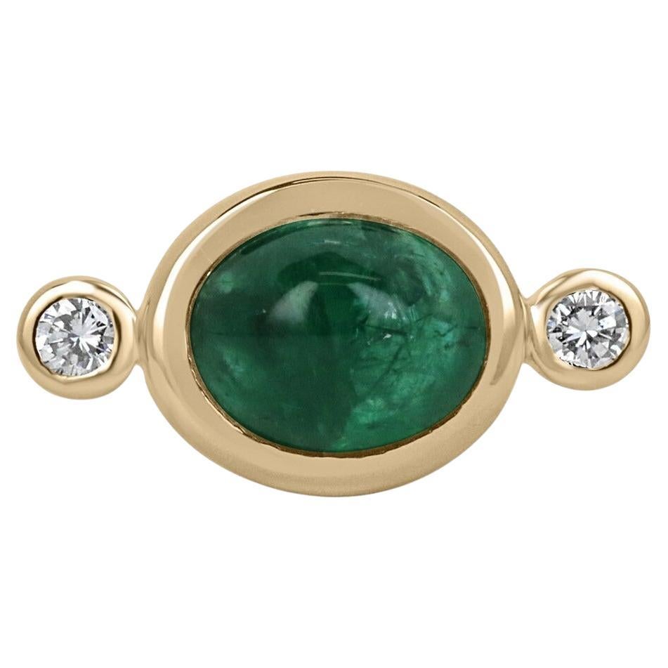 4.50tcw 14K East to West Oval Cabochon Emerald & Round Diamond 3 Stone Gold Ring