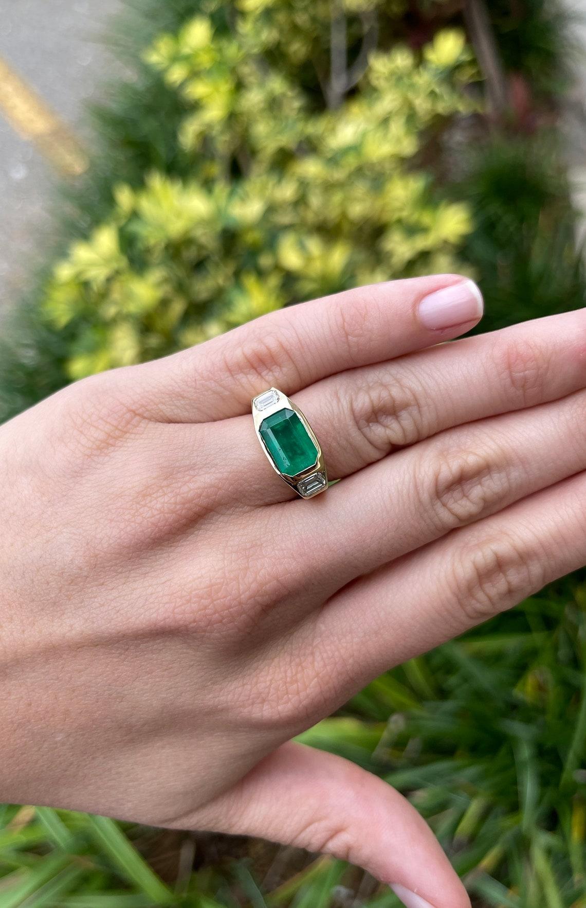 De las mujeres Anillo Gitano de Esmeralda Colombiana y Diamante talla Esmeralda de 4,50 qt 18K Tres Piedras en venta