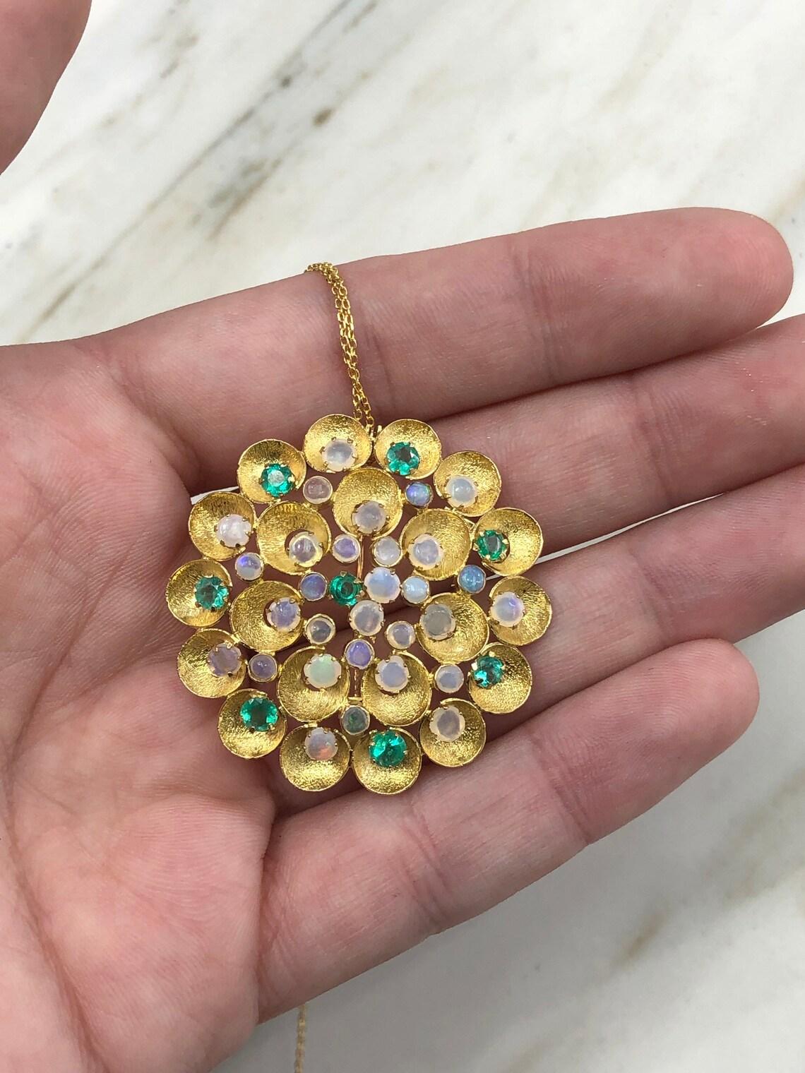 Emerald Cut 4.50tcw Opal & Emerald Flower Pendant/Pin in 14K Gold Large Opal Emerald Jewelry For Sale