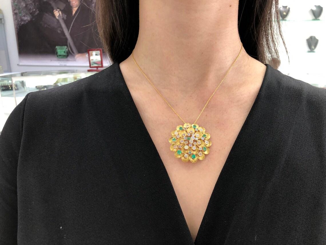 4.50tcw Opal & Emerald Flower Pendant/Pin in 14K Gold Large Opal Emerald Jewelry For Sale 1