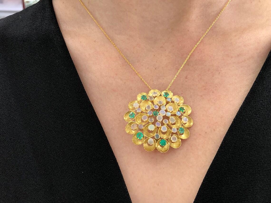 4.50tcw Opal & Emerald Flower Pendant/Pin in 14K Gold Large Opal Emerald Jewelry For Sale 2
