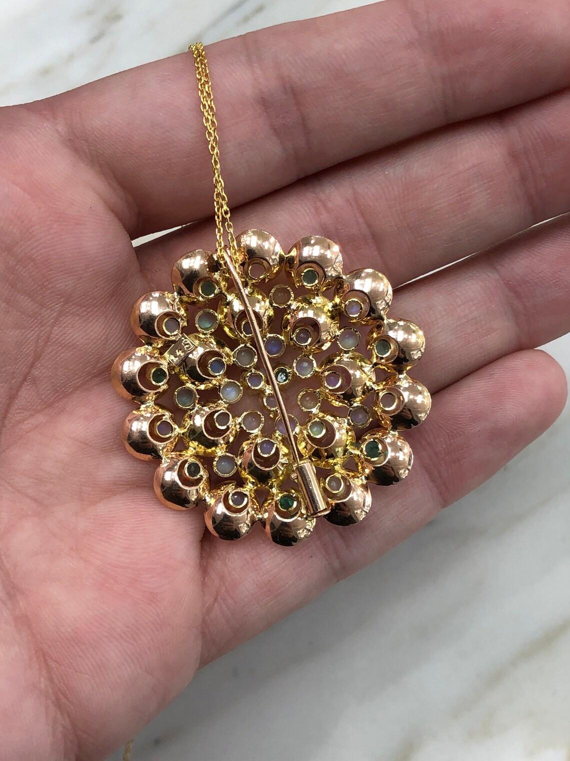 4.50tcw Opal & Emerald Flower Pendant/Pin in 14K Gold Large Opal Emerald Jewelry For Sale 3