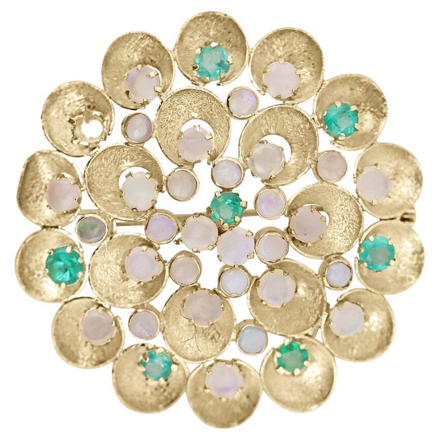 4.50tcw Opal & Emerald Flower Pendant/Pin in 14K Gold Large Opal Emerald Jewelry For Sale