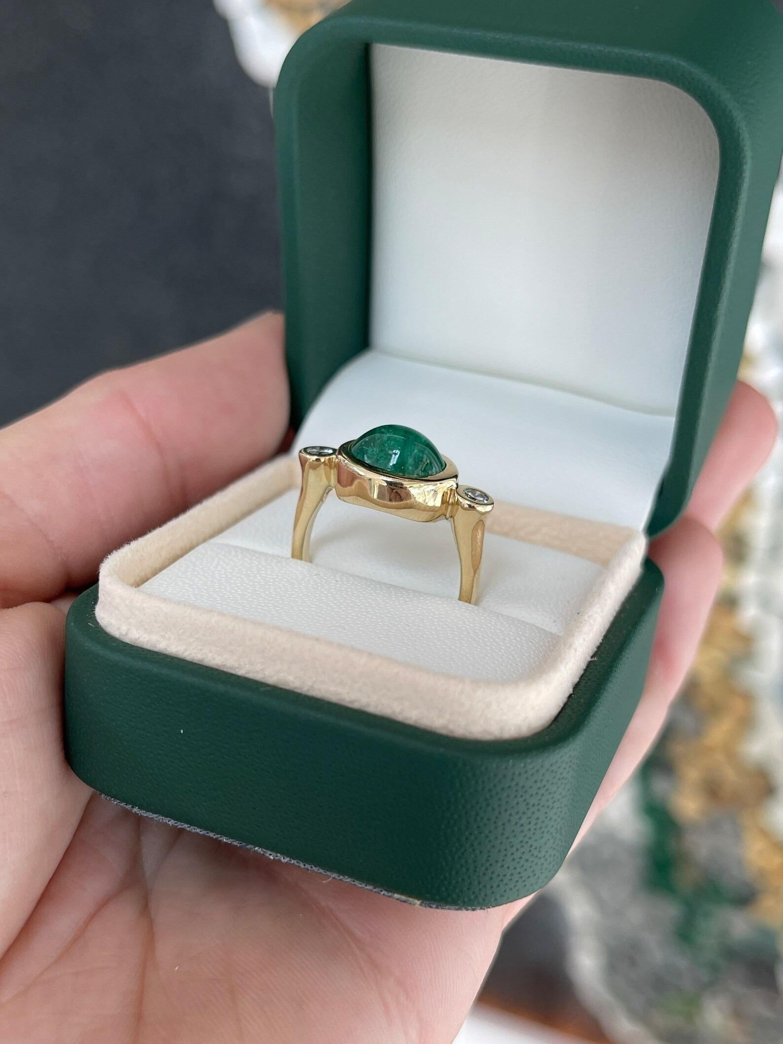 Modern 4.50tcw Oval Shaped Emerald Cabochon & Diamond Accent Three Stone Ring 14K For Sale