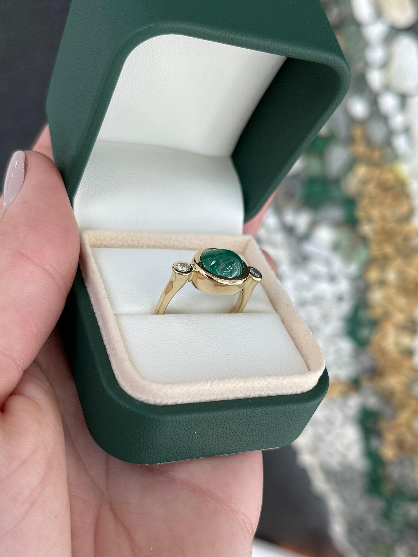 Oval Cut 4.50tcw Oval Shaped Emerald Cabochon & Diamond Accent Three Stone Ring 14K For Sale