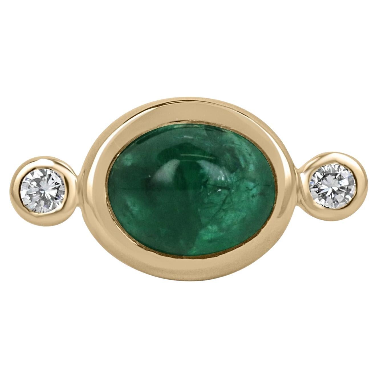 4.50tcw Oval Shaped Emerald Cabochon & Diamond Accent Three Stone Ring 14K For Sale