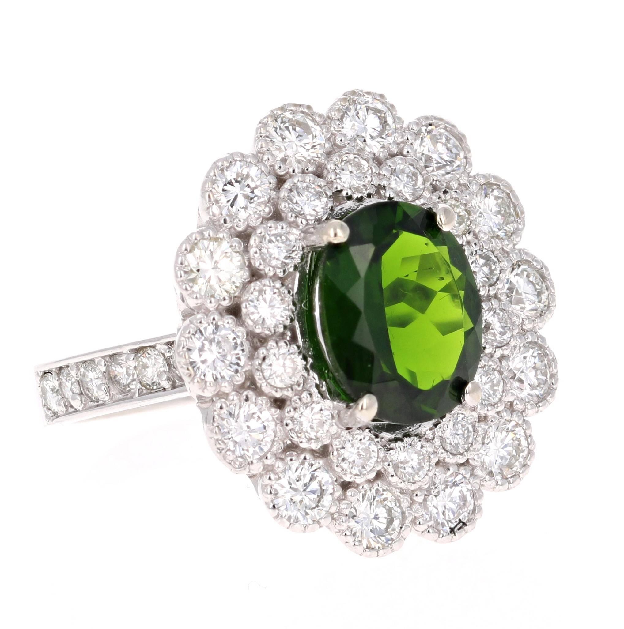 Beautifully crafted 4.51 Carat Chrome Diopside Diamond White Gold Cocktail Ring!

Chrome Diopside is a natural gemstone that comes from Russia.   It is  known to be the affordable alternative to Emeralds and Tsavorites and is quickly becoming quite