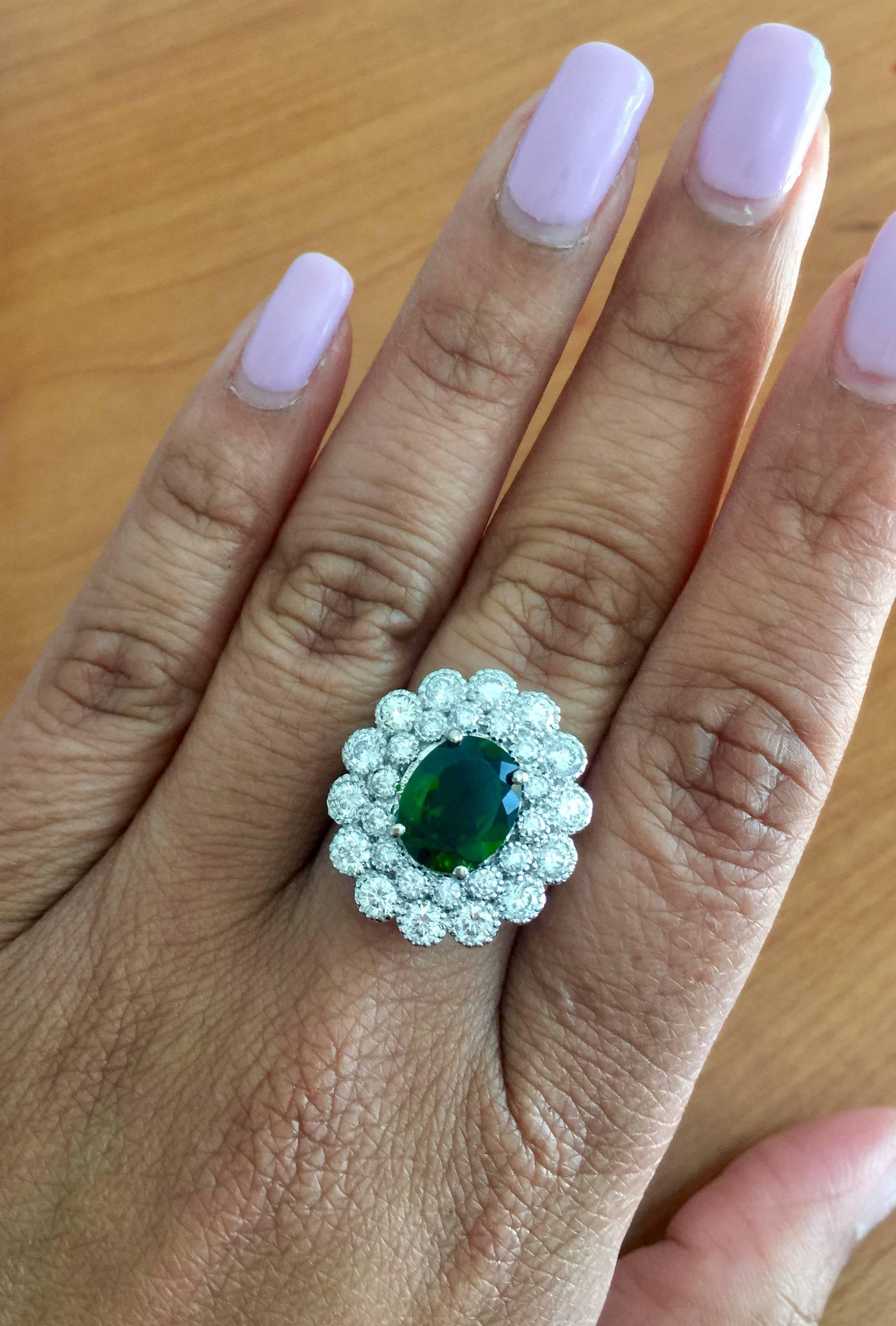 Oval Cut 4.51 Carat Chrome Diopside Diamond White Gold Cocktail Ring