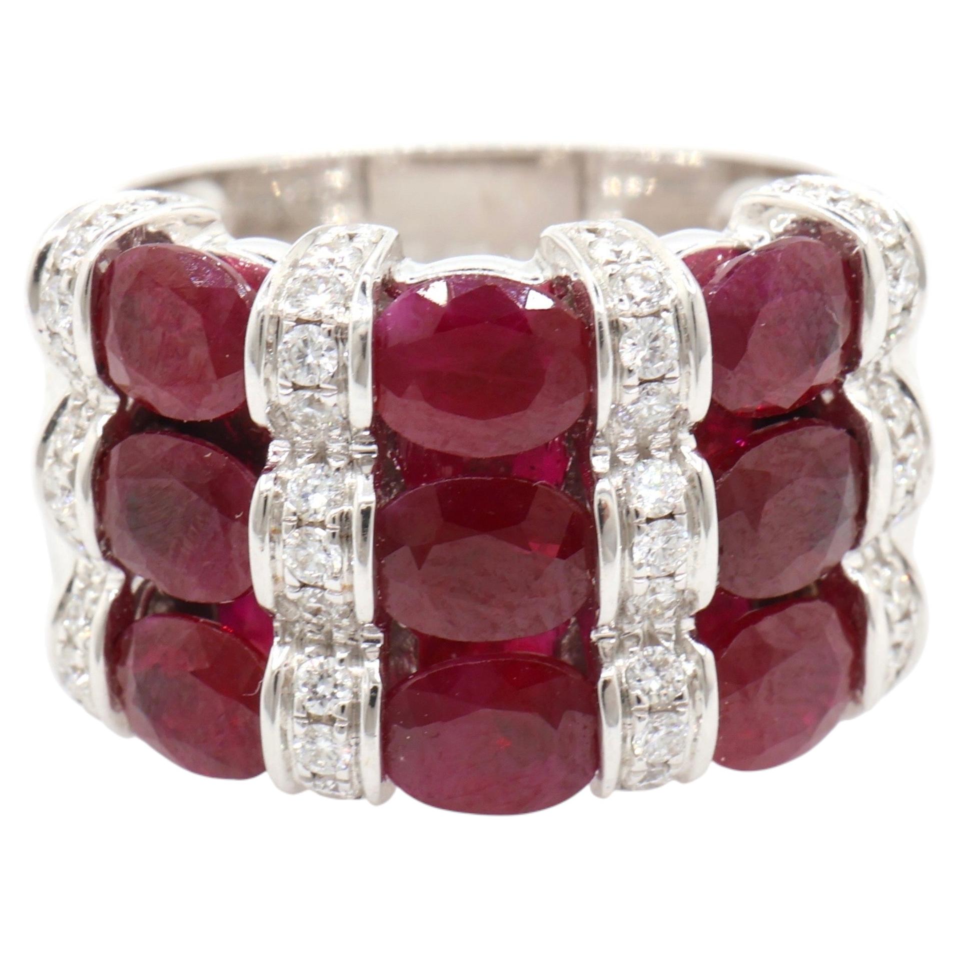 4.51 Carat Cushion Ruby Three Row Diamond Cocktail Ring in 18K White Gold