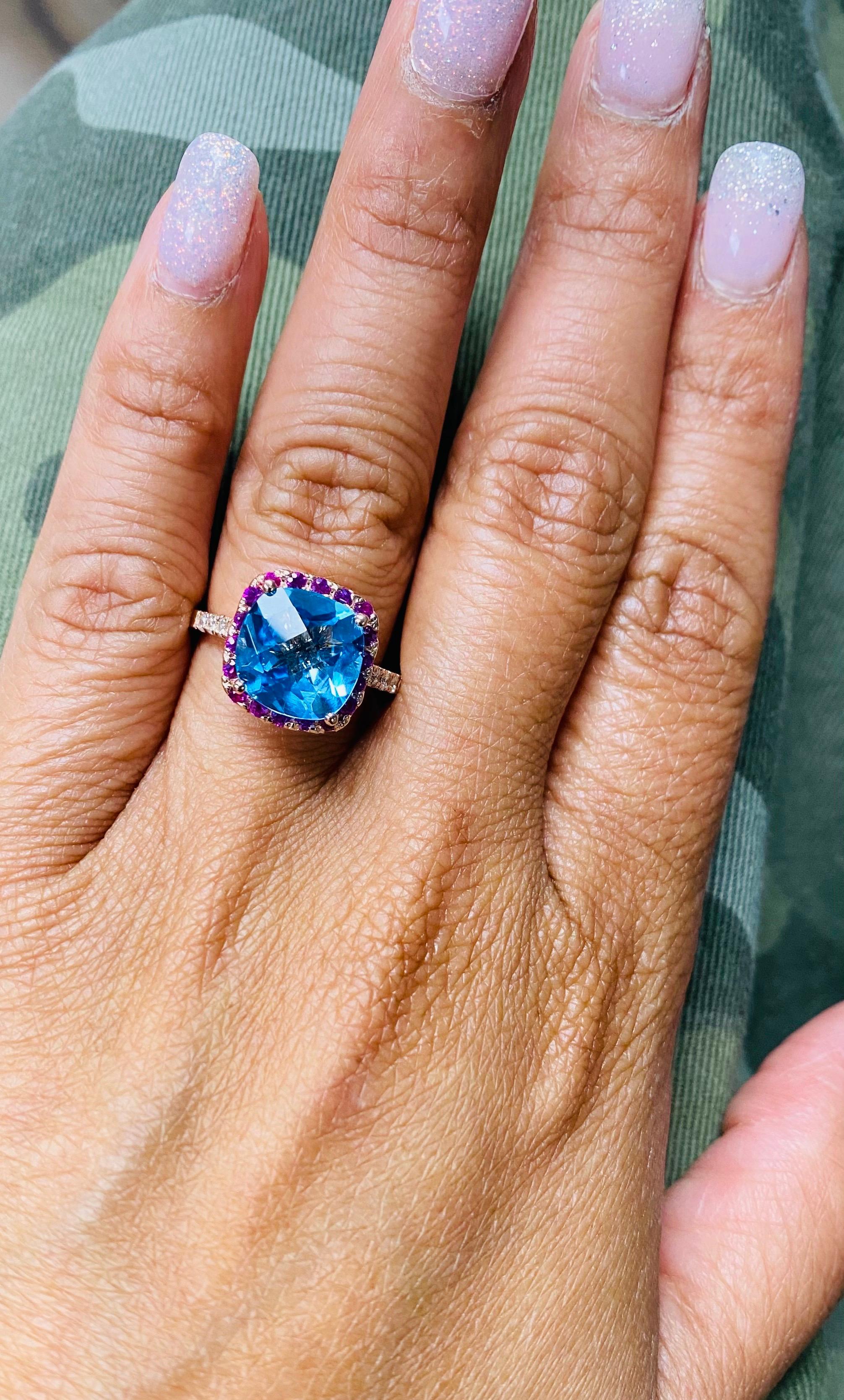 4.51 Carat Diamond Sapphire Blue Topaz Rose Gold Cocktail Ring In New Condition In Los Angeles, CA
