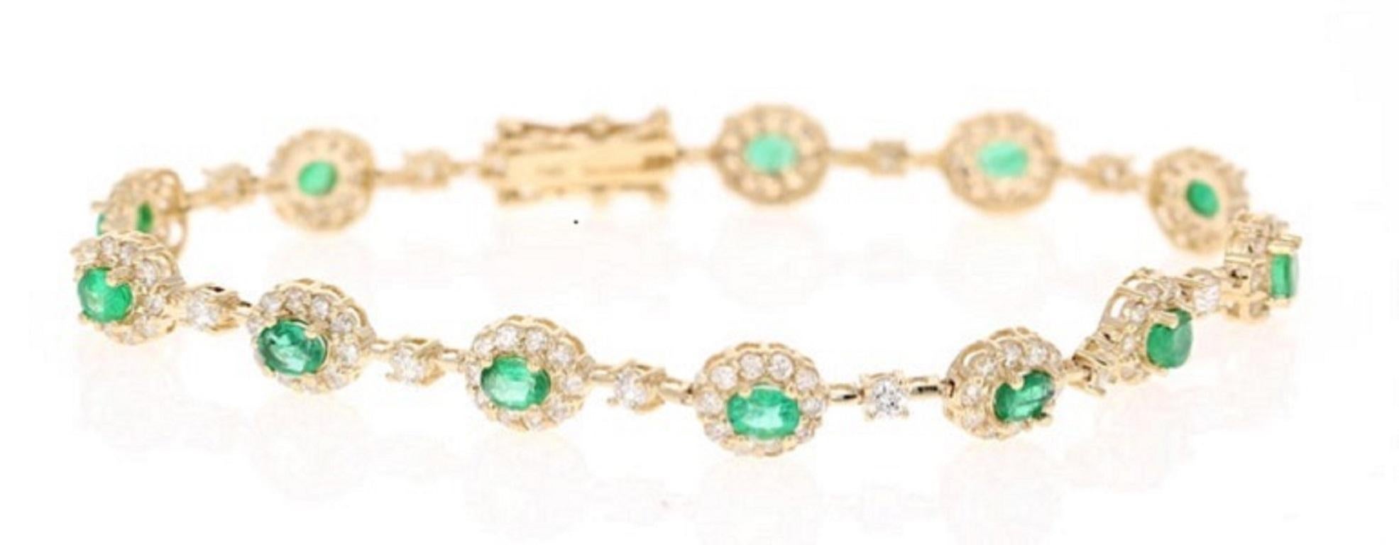 Dainty, Delicate, and Classically Beautful. 
A 14K Yellow Gold Emerald and Diamond Bracelet. 

The 12 Oval Cut Emeralds that weigh 2.23 carats and the 135 Round Cut Diamonds that weigh 2.28 carats.  The Clarity and Color of the Diamonds is SI2/F. 