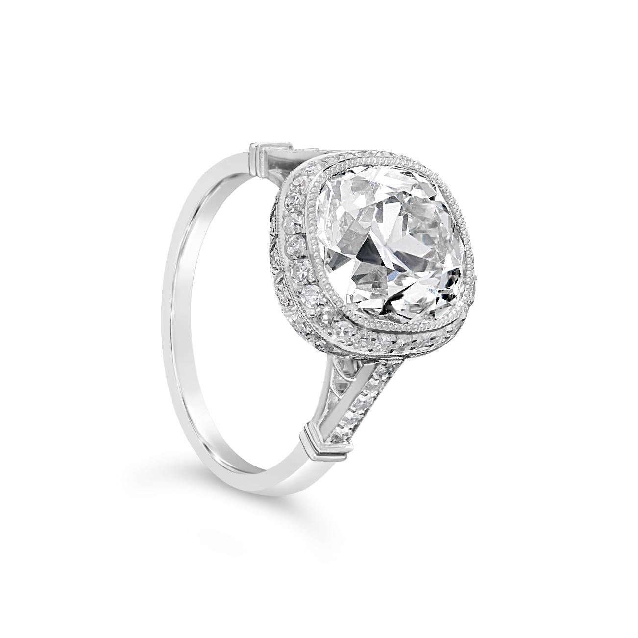 Contemporary 4.51 Carat J VS1 Old Mine Cushion Cut Diamond and Platinum Ring by Hancocks