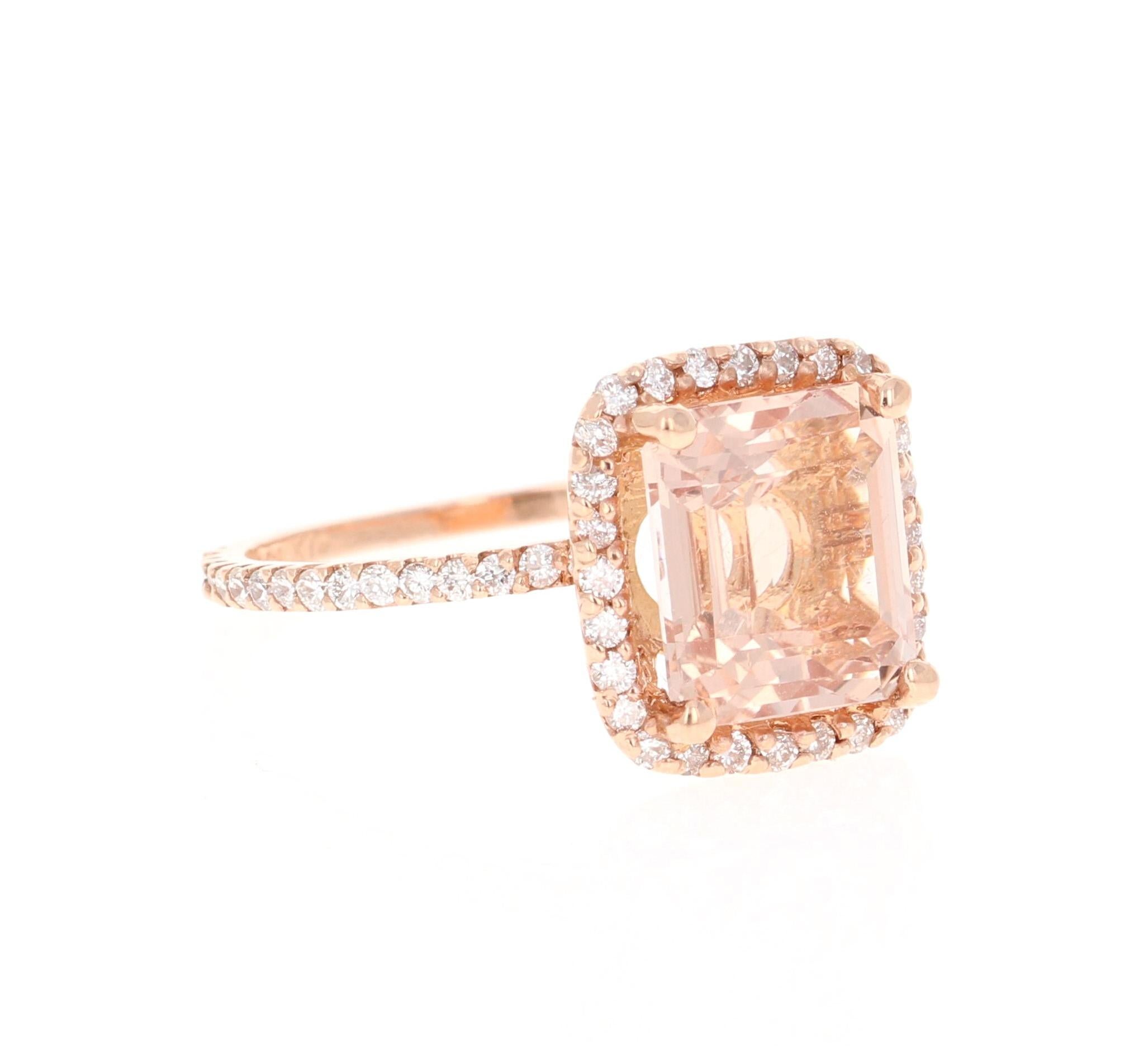 Statement Morganite Diamond Ring! 

This Morganite ring has a 3.84 Carat Square-Emerald Cut Morganite and is surrounded by 80 Round Cut Diamonds that weigh 0.67 Carats. The total carat weight of the ring is 4.51 Carats.  

The Morganite is 11 mm x