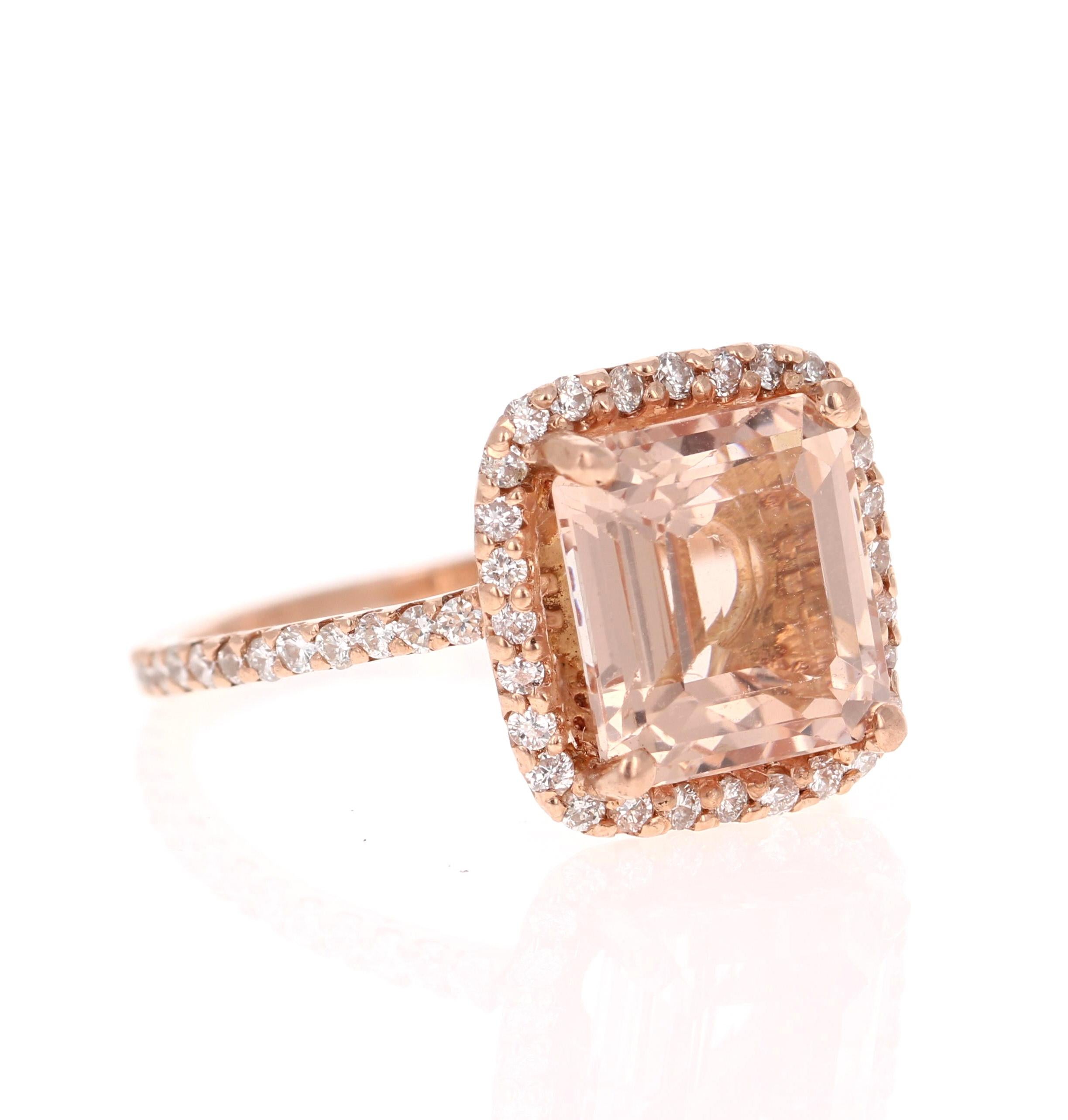 This ring has a 3.84 Carat Emerald Cut Morganite and is surrounded by 80 Round Cut Diamonds that weigh 0.67 Carats. The total carat weight of the ring is 4.51 Carats. (Clarity: VS, Color: H)

The natural Morganite measures at 9 mm x 11 mm. The color