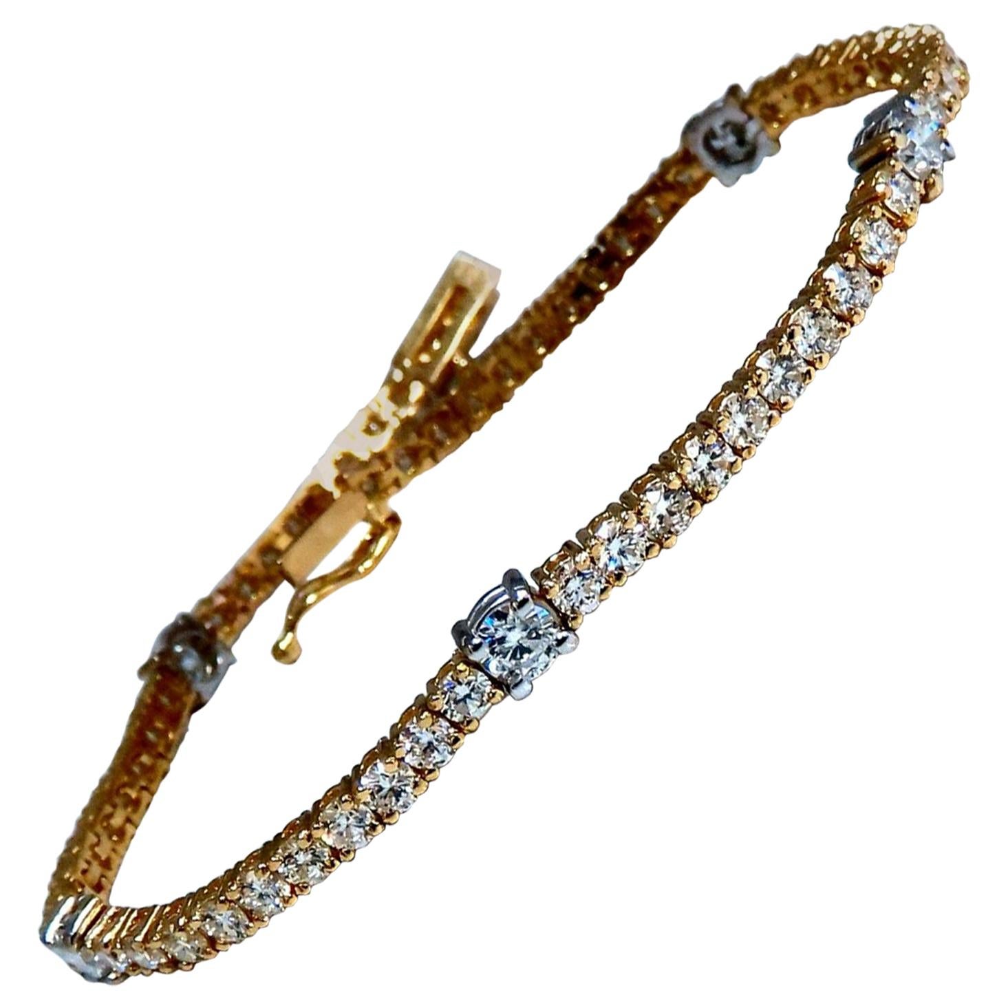 Bracelet tennis en or 14 carats avec diamants naturels de 4,51 carats alternés de type Station Classic