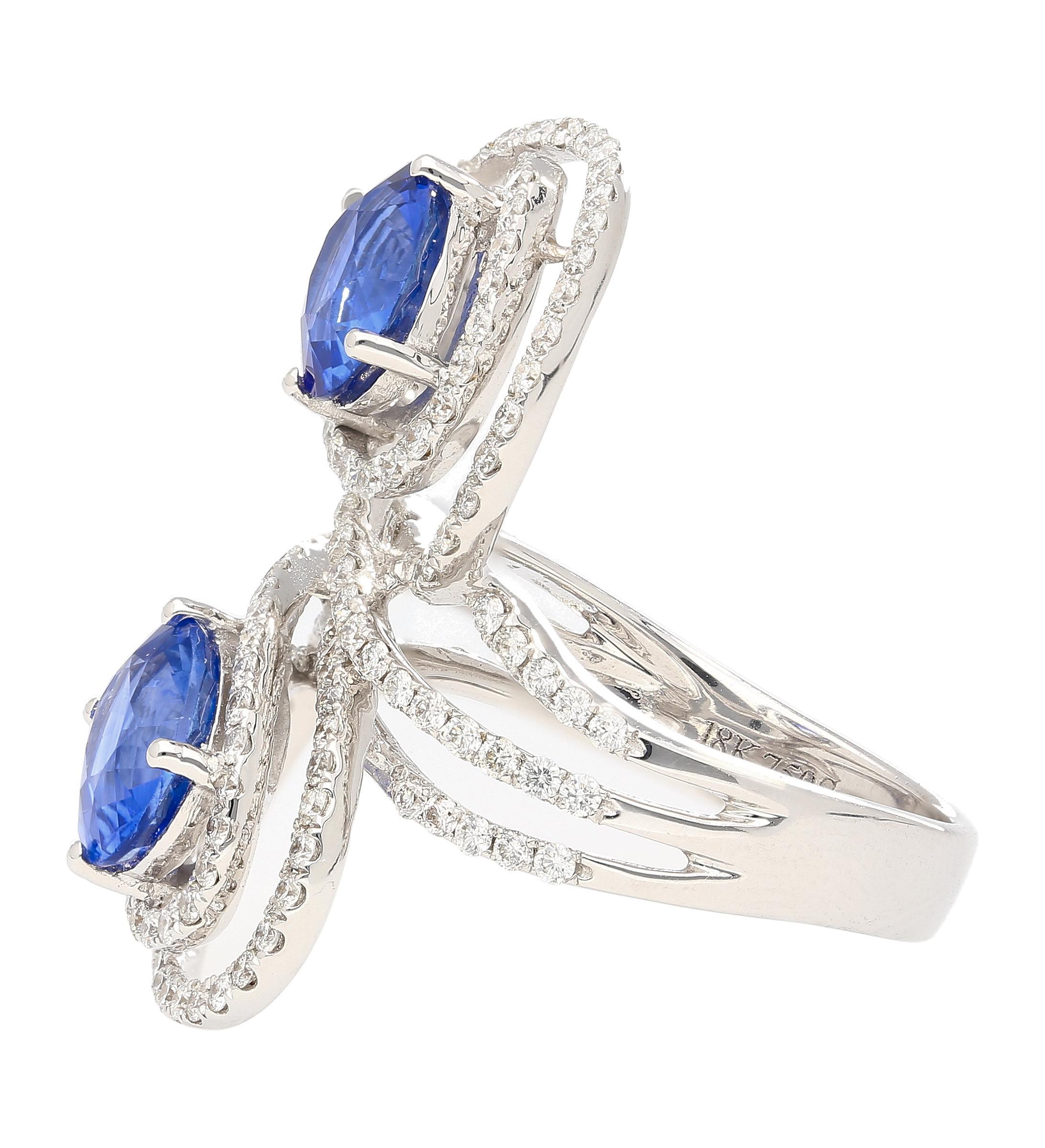 Baroque 4.51 Carat Oval Blue Sapphire & Diamond Two Stone Vertical Pave Swirl Ring For Sale