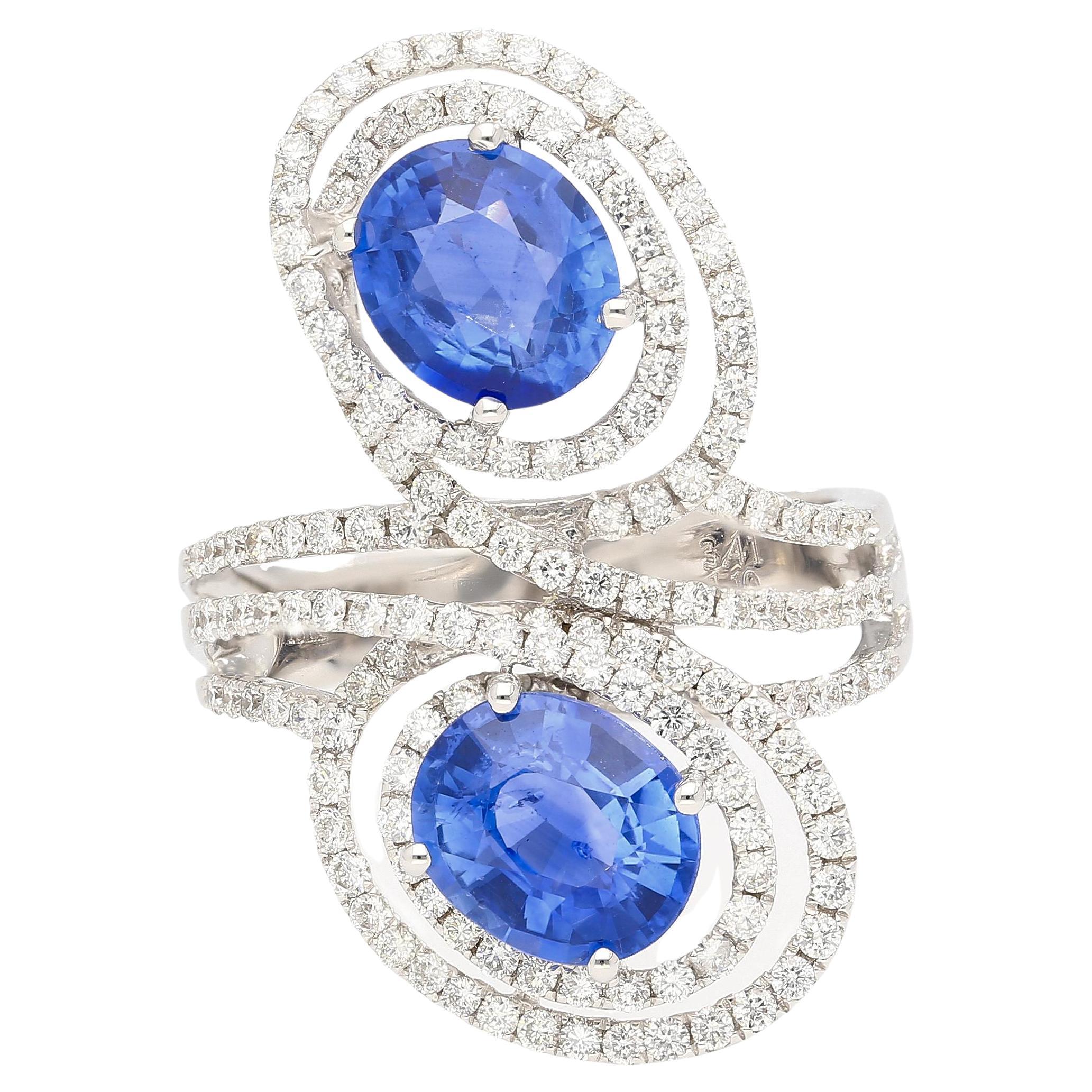 4.51 Carat Oval Blue Sapphire & Diamond Two Stone Vertical Pave Swirl Ring For Sale