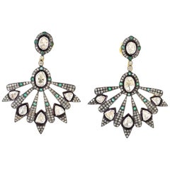 4.51 Carat Rose Cut Diamond Emerald Antique Style Earrings