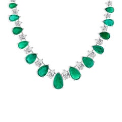 45.1 Carat Zambian Emerald 13.69 Carat SI/H Diamond Necklace 18 Karat White Gold