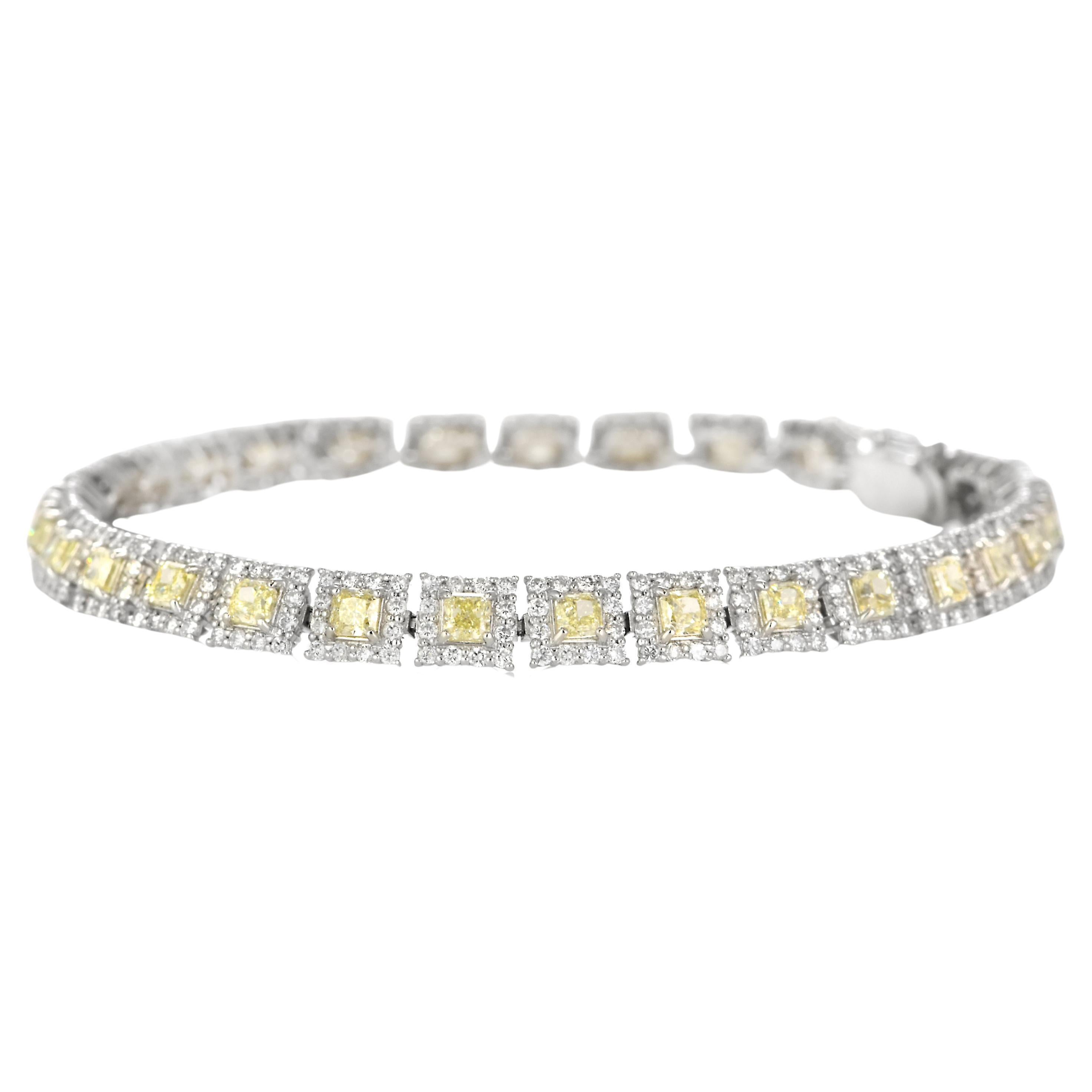 Bracelet en platine avec diamant naturel de 4,51 carats, taille coussin, de couleur jaune clair