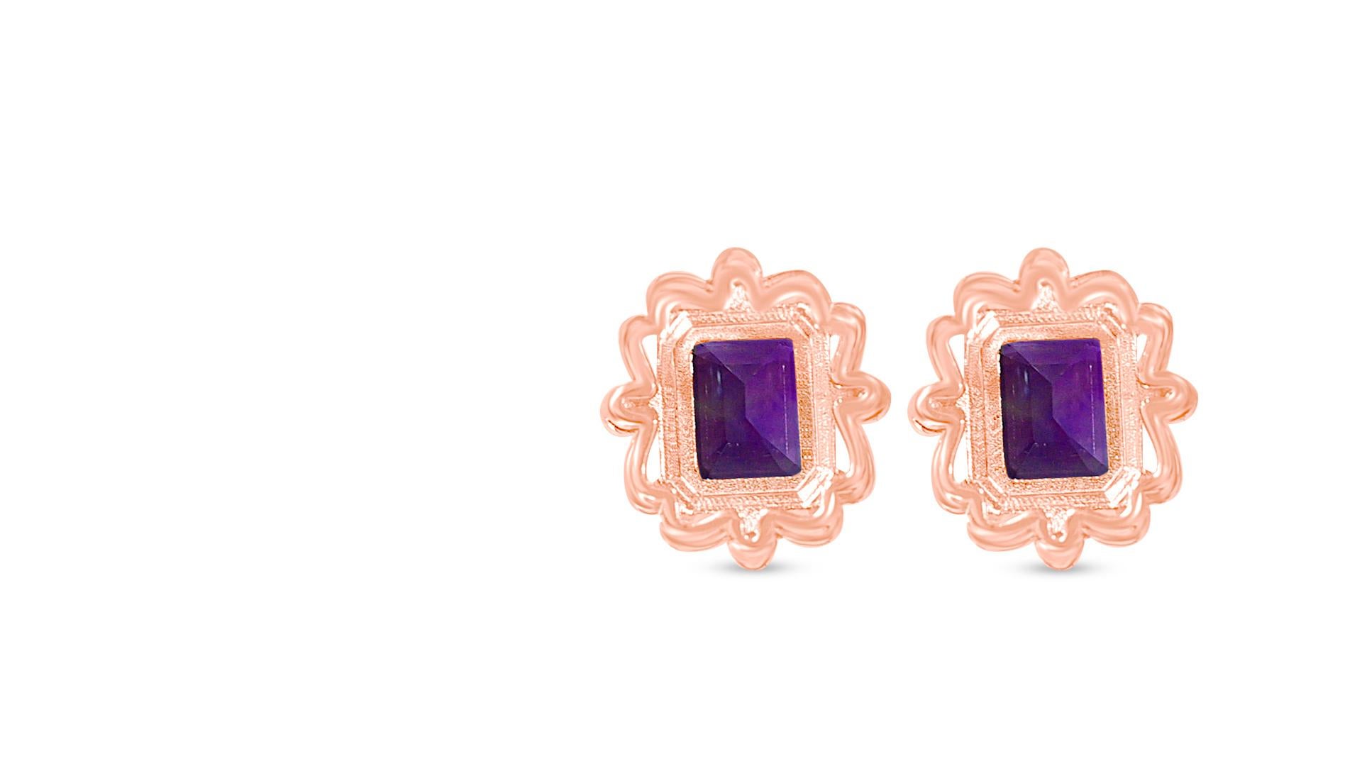 Art Deco Amethyst Earrings Genuine Purple Amethyst Sterling Silver Stud Rose Gold Earring For Sale