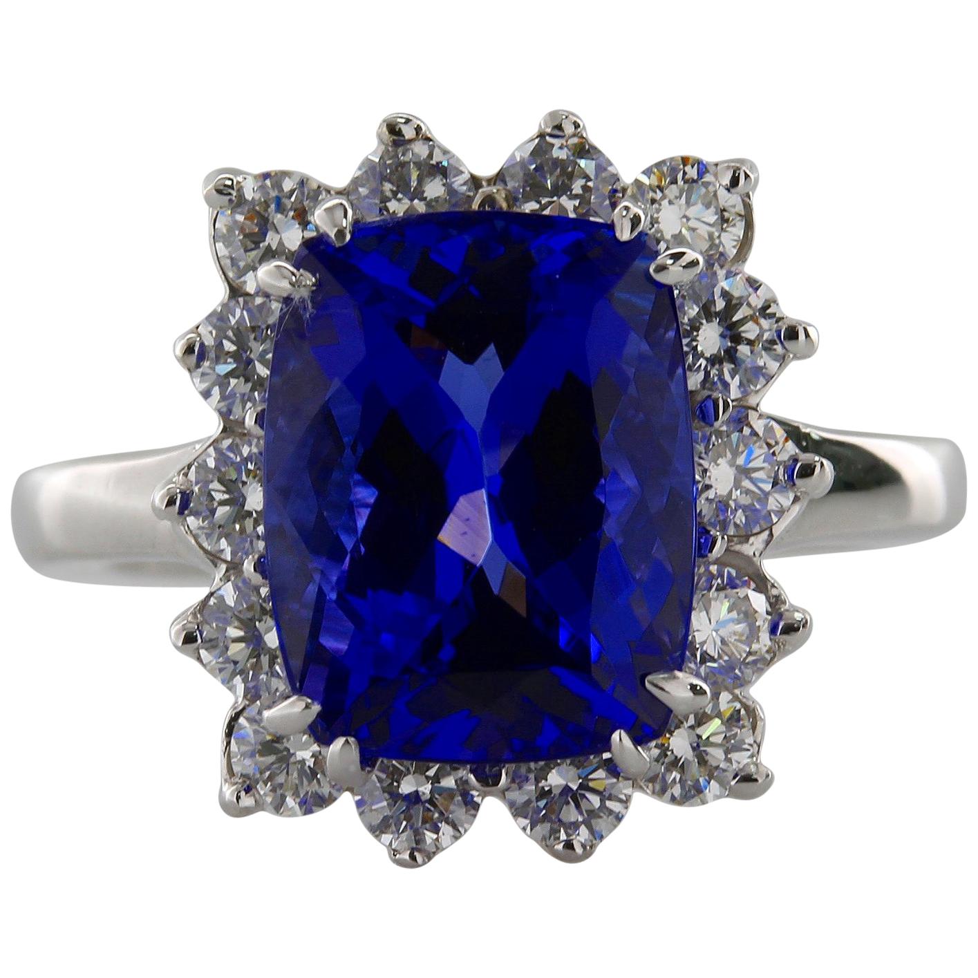 4.52 Carat Cushion Cut Violet Blue Tanzanite Gemstone 14 Karat White Gold Ring For Sale