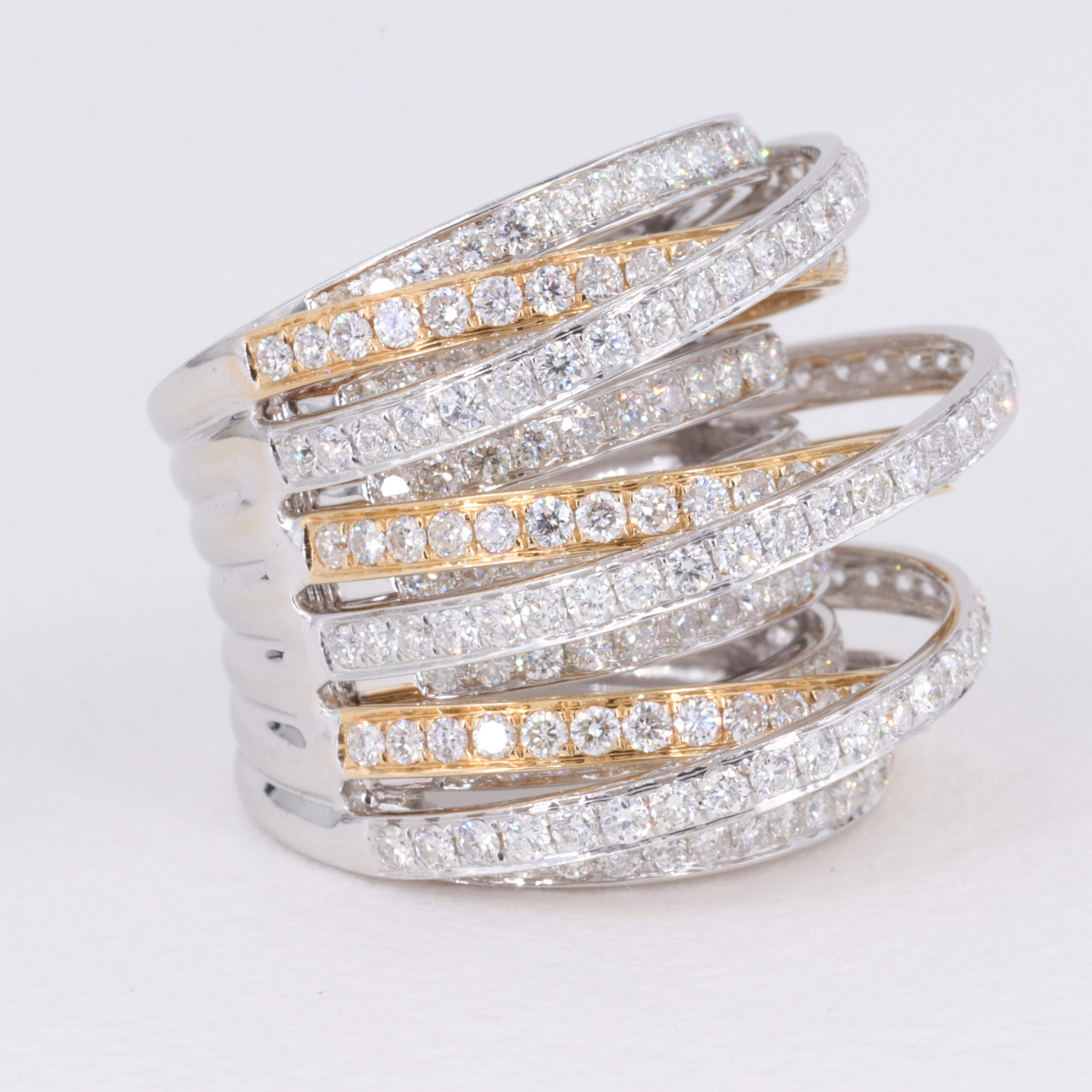 4.52 Carat Diamond Multi Row 18 Karat White & Yellow Gold Cocktail Ring Band In Good Condition For Sale In Tampa, FL