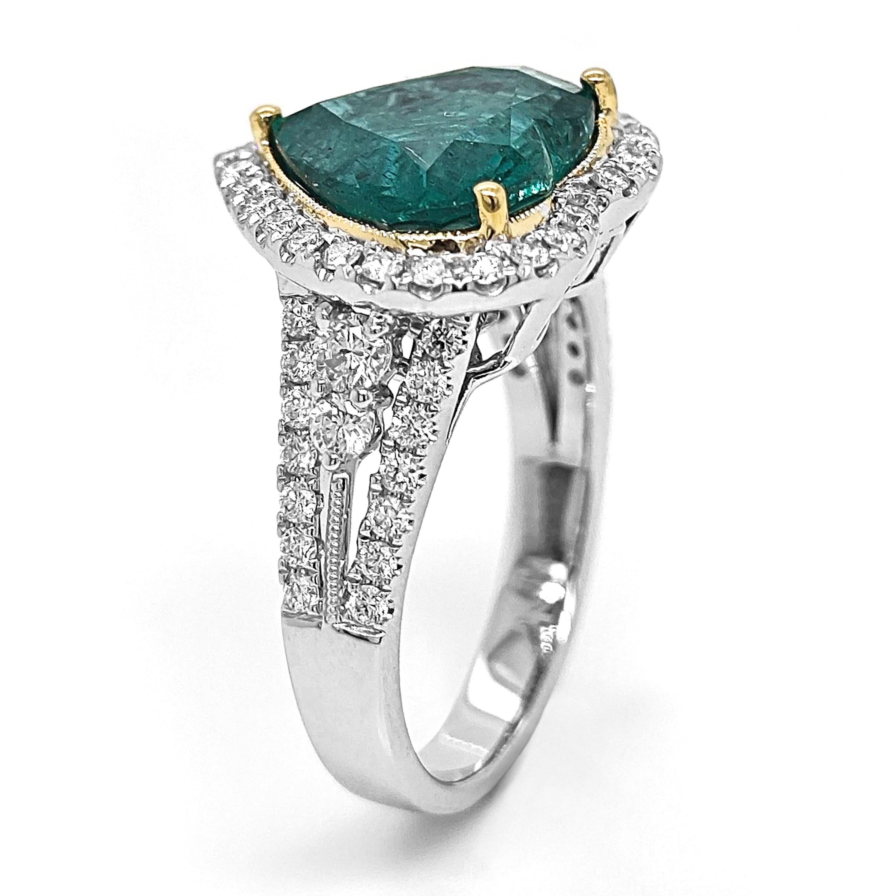 Mixed Cut 4.52 Carat Emerald and Diamond White Gold Ring For Sale