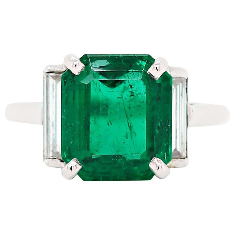 4.52 Carat Emerald Cut Emerald and Diamond Art Deco Style Platinum Ring ...