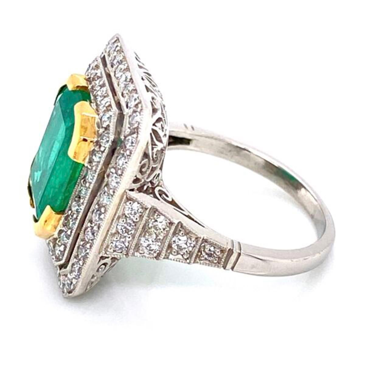 Art Deco 4.52 Carat Emerald Cut Emerald and Diamond Platinum Ring Estate Fine Jewelry For Sale