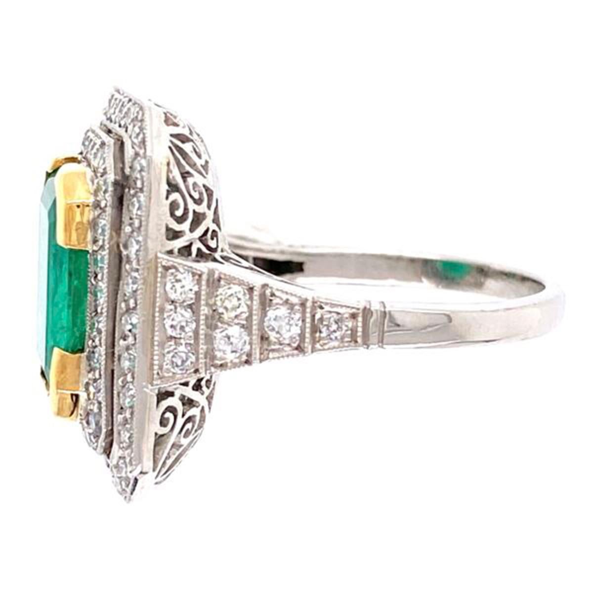 Women's 4.52 Carat Emerald Cut Emerald and Diamond Platinum Ring Estate Fine Jewelry For Sale