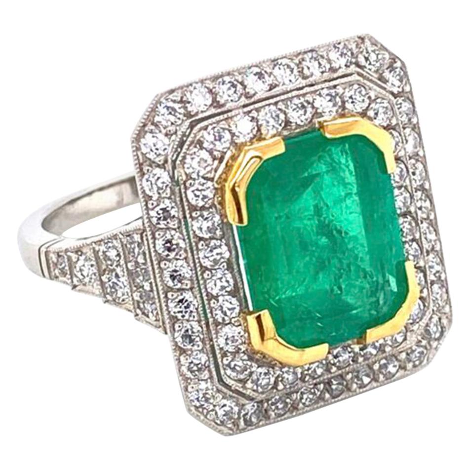 4.52 Carat Emerald Cut Emerald and Diamond Platinum Ring Estate Fine Jewelry For Sale