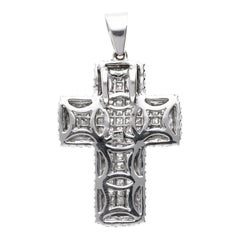 4.52 Carat Princess & Round Diamond 18K White Gold Pave Cross Pendant Necklace