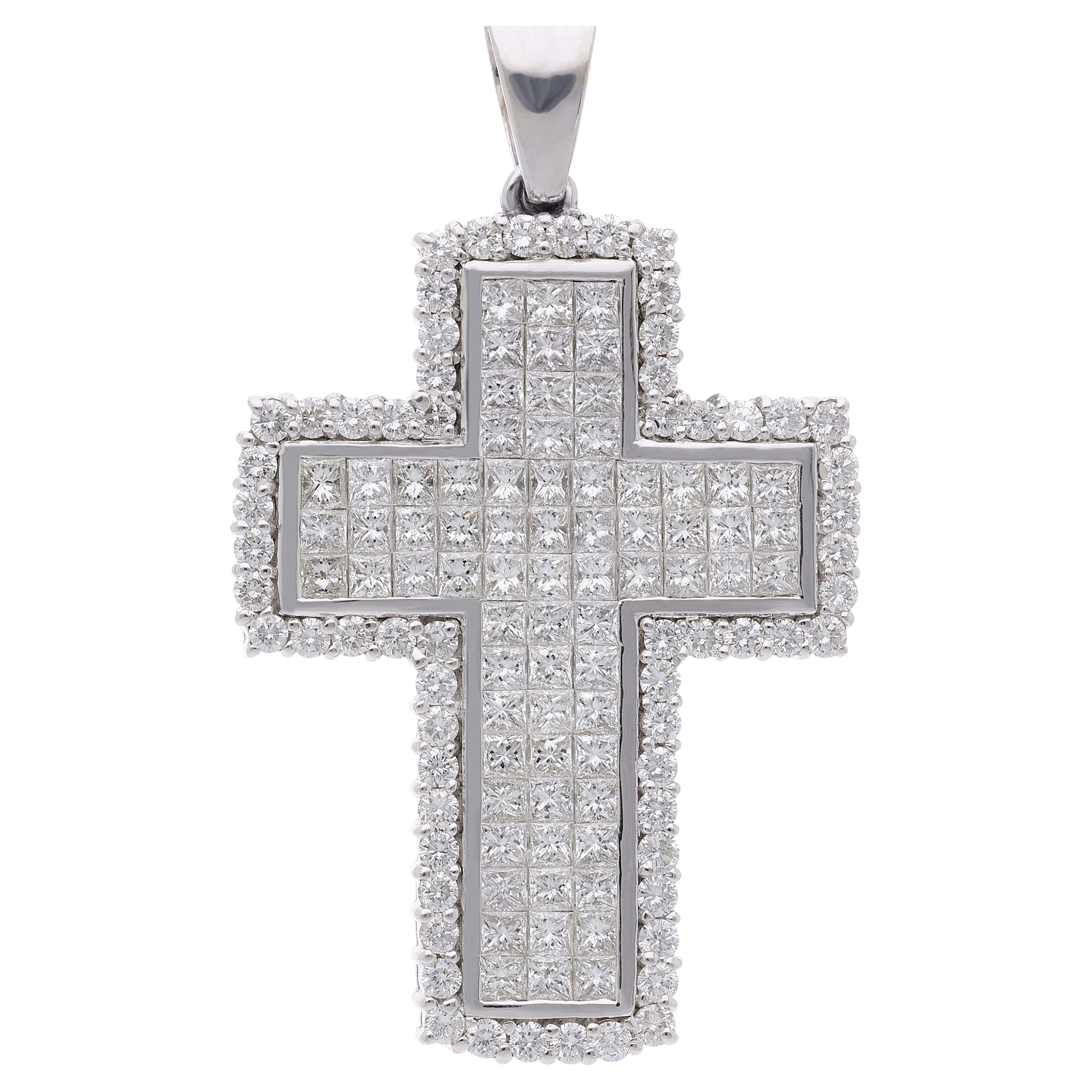 4,52 Karat Prinzessin & runder Diamant 18K Weißgold Pave Kreuz Anhänger Halskette