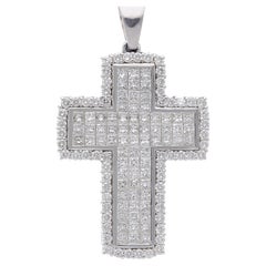 4.52 Carat Princess & Round Diamond 18K White Gold Pave Cross Pendant Necklace