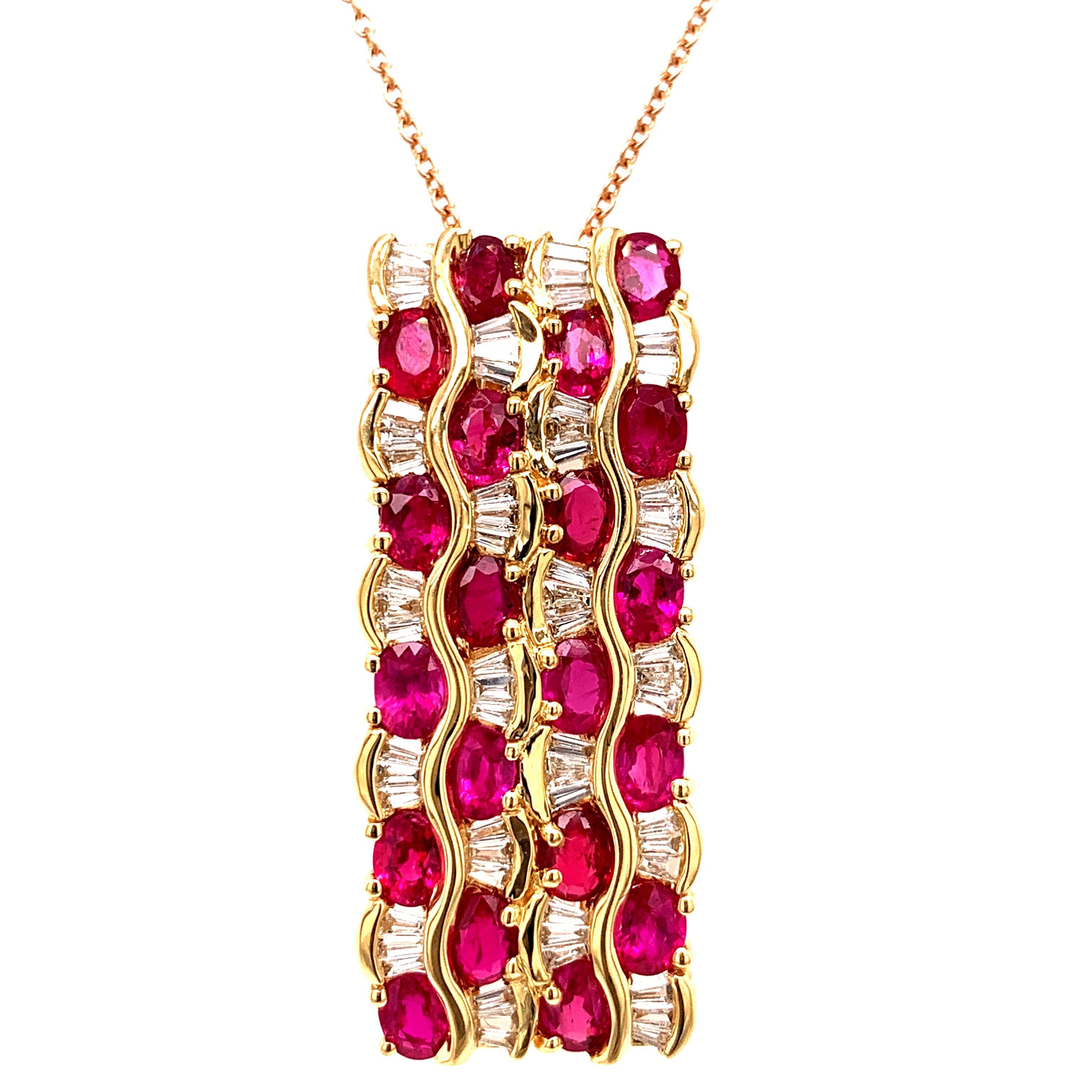 Contemporary design ruby diamond pendant. Lively, deep red with high brilliance, oval faceted, 4.52 carats natural rubies mounted with beads prongs, accented with baguette-cut diamonds. Handcrafted water cascade design set in 18 karats rose gold