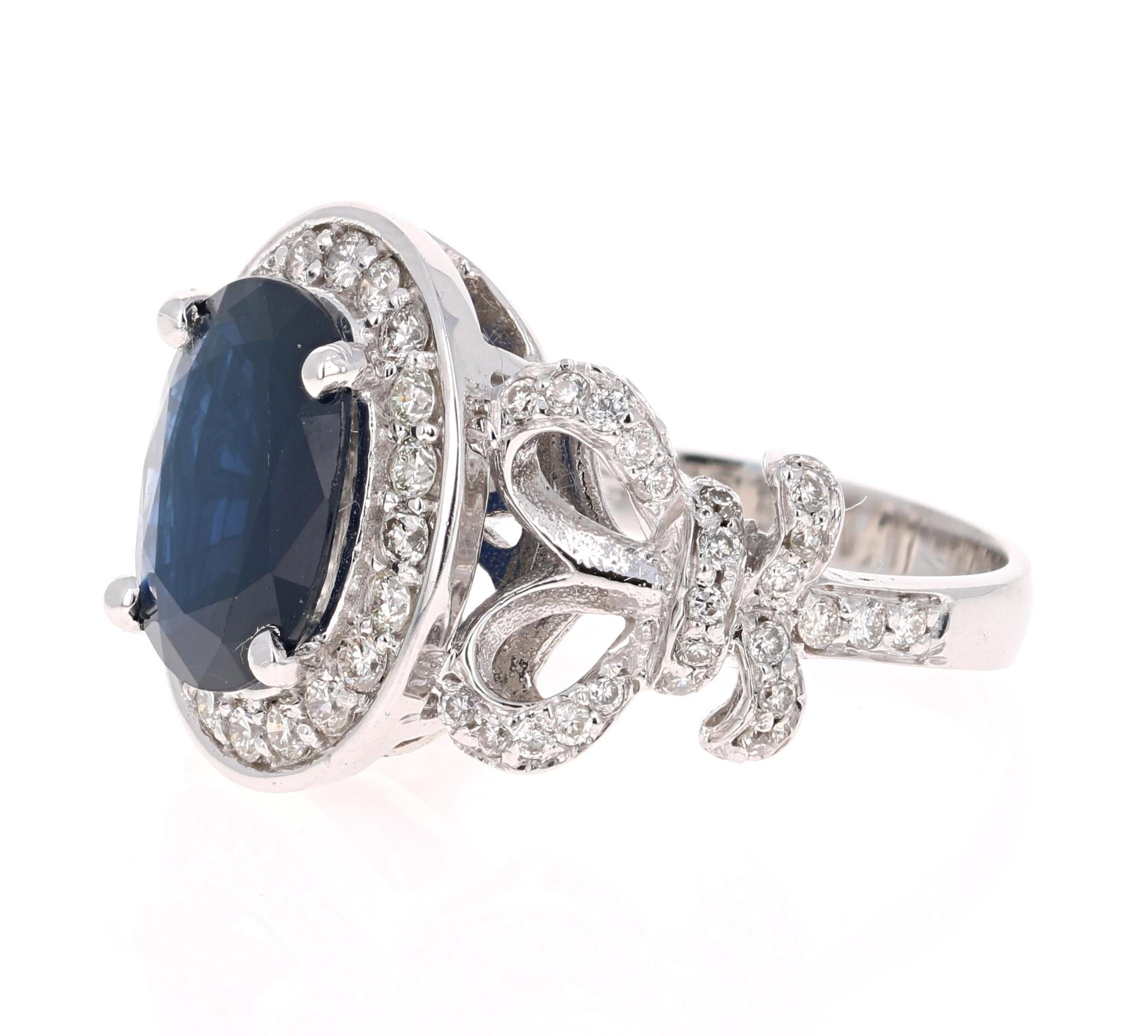 Contemporary 4.53 Carat Blue Sapphire Diamond 14 Karat White Gold Ring