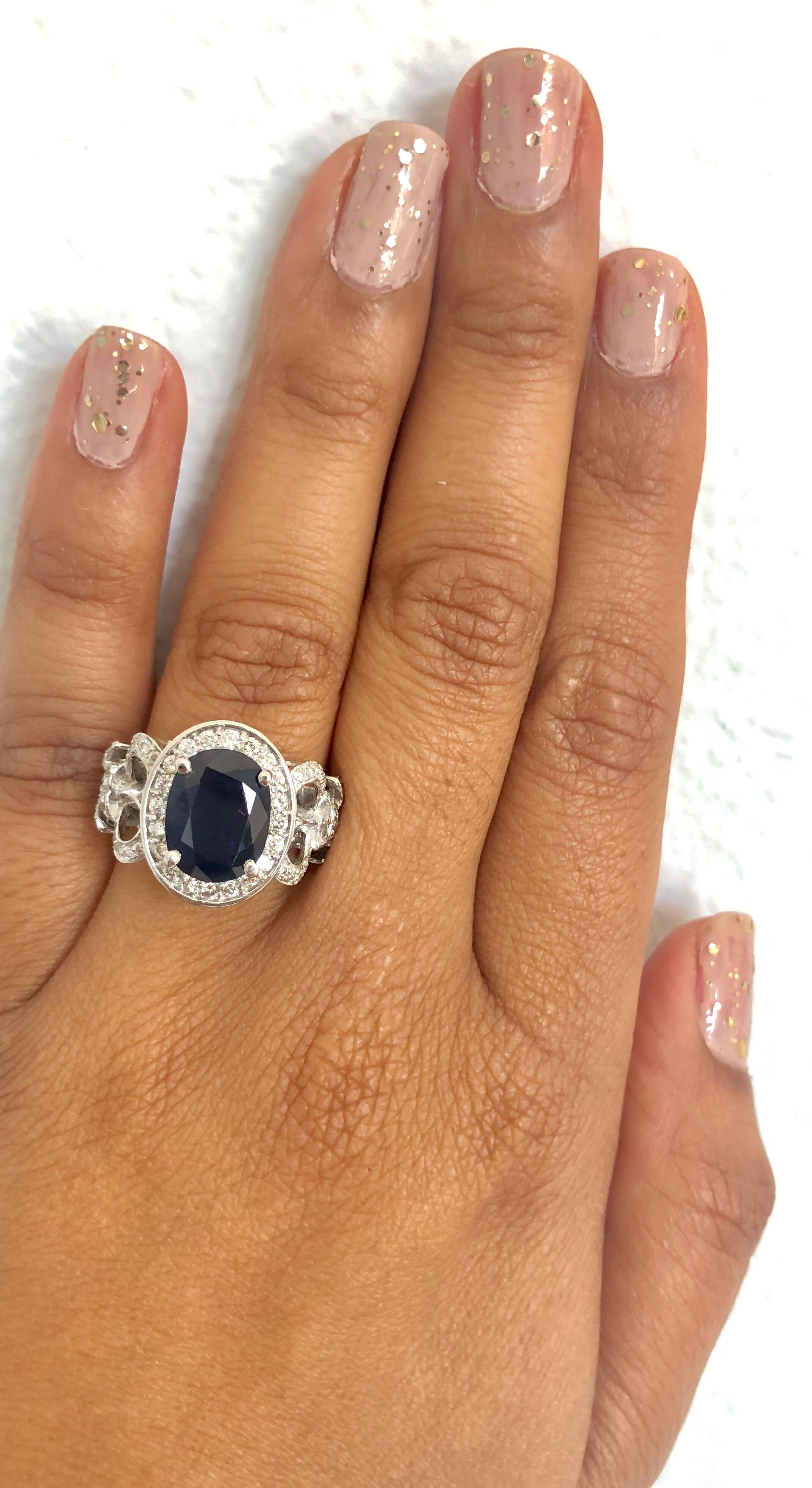 Women's 4.53 Carat Blue Sapphire Diamond 14 Karat White Gold Ring For Sale