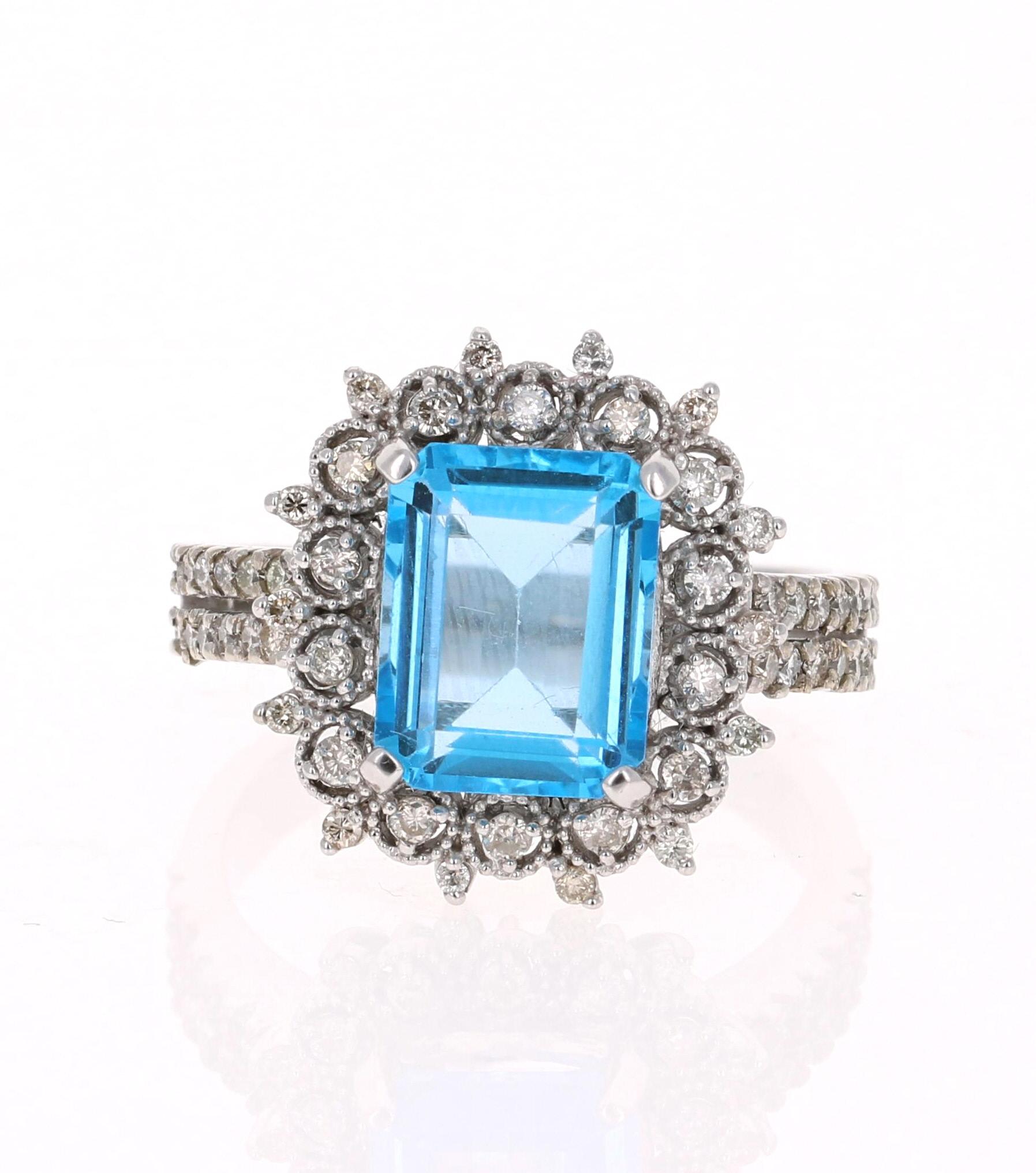 Contemporary 4.53 Carat Blue Topaz Diamond 14 Karat White Gold Ring For Sale