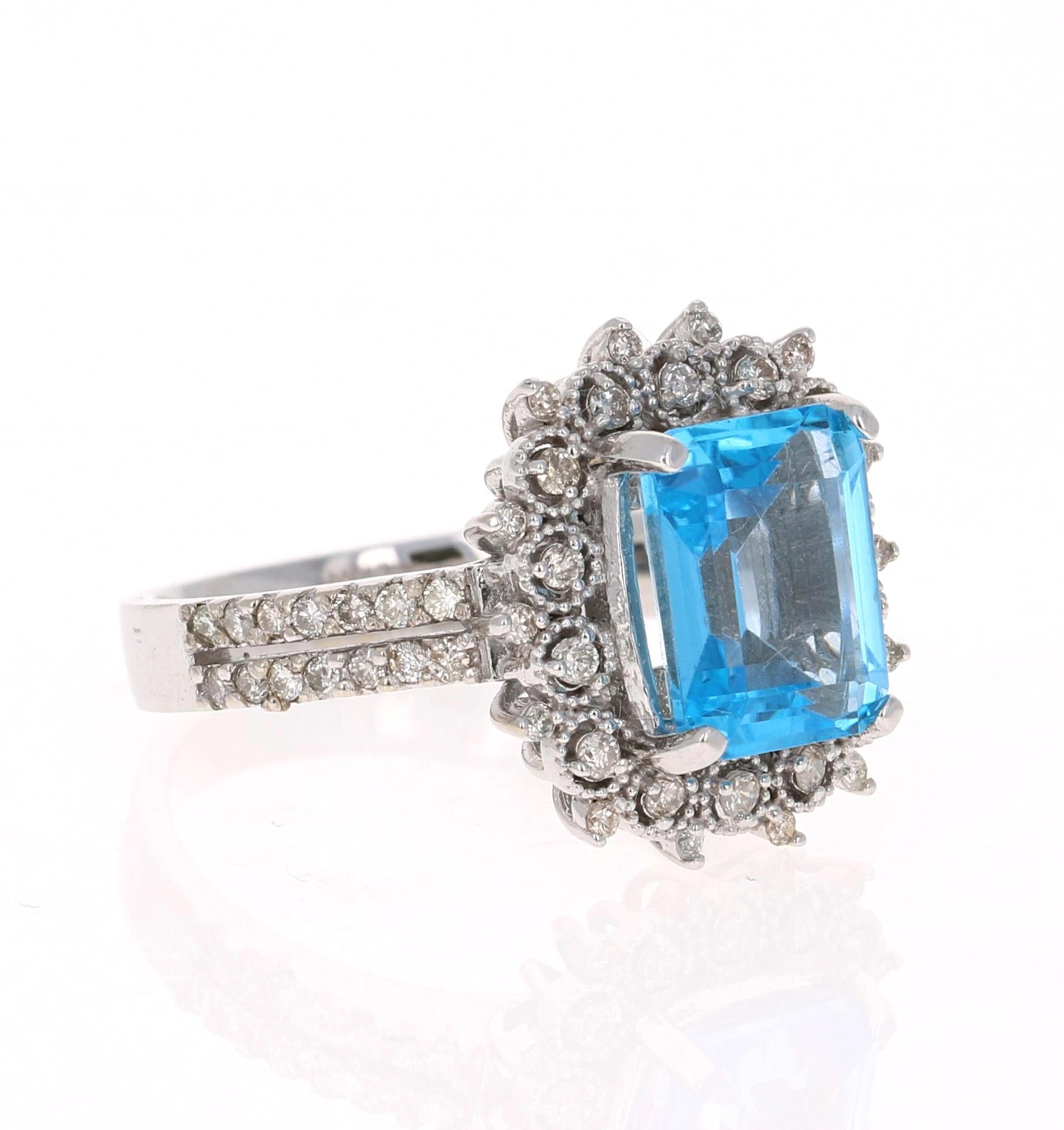 Emerald Cut 4.53 Carat Blue Topaz Diamond 14 Karat White Gold Ring For Sale