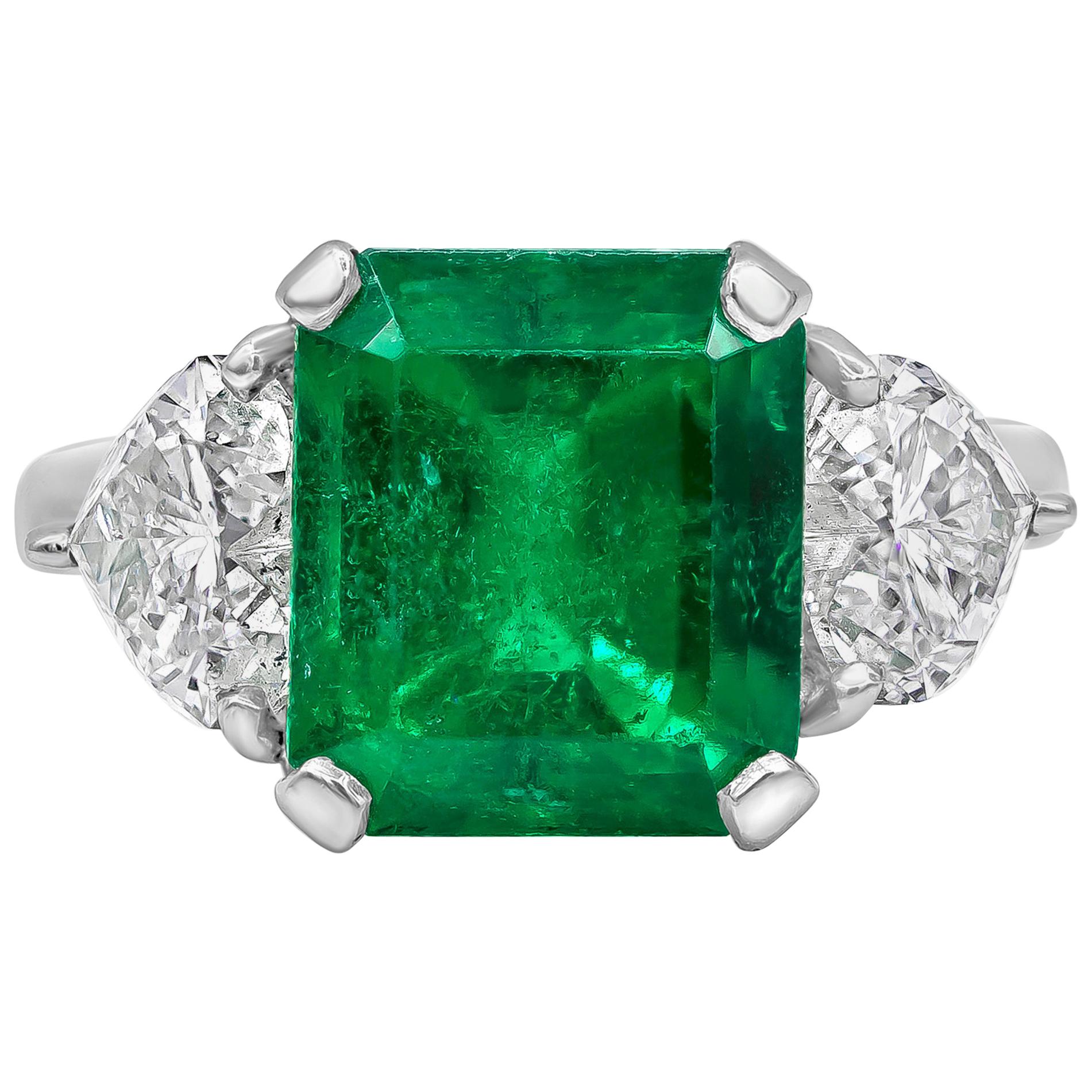 4.53 Carat Green Emerald and Diamond Three-Stone Engagement Ring