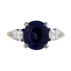 4.53 Carat Natural Sapphire Pear Shaped Diamond Gold Platinum Engagement Ring