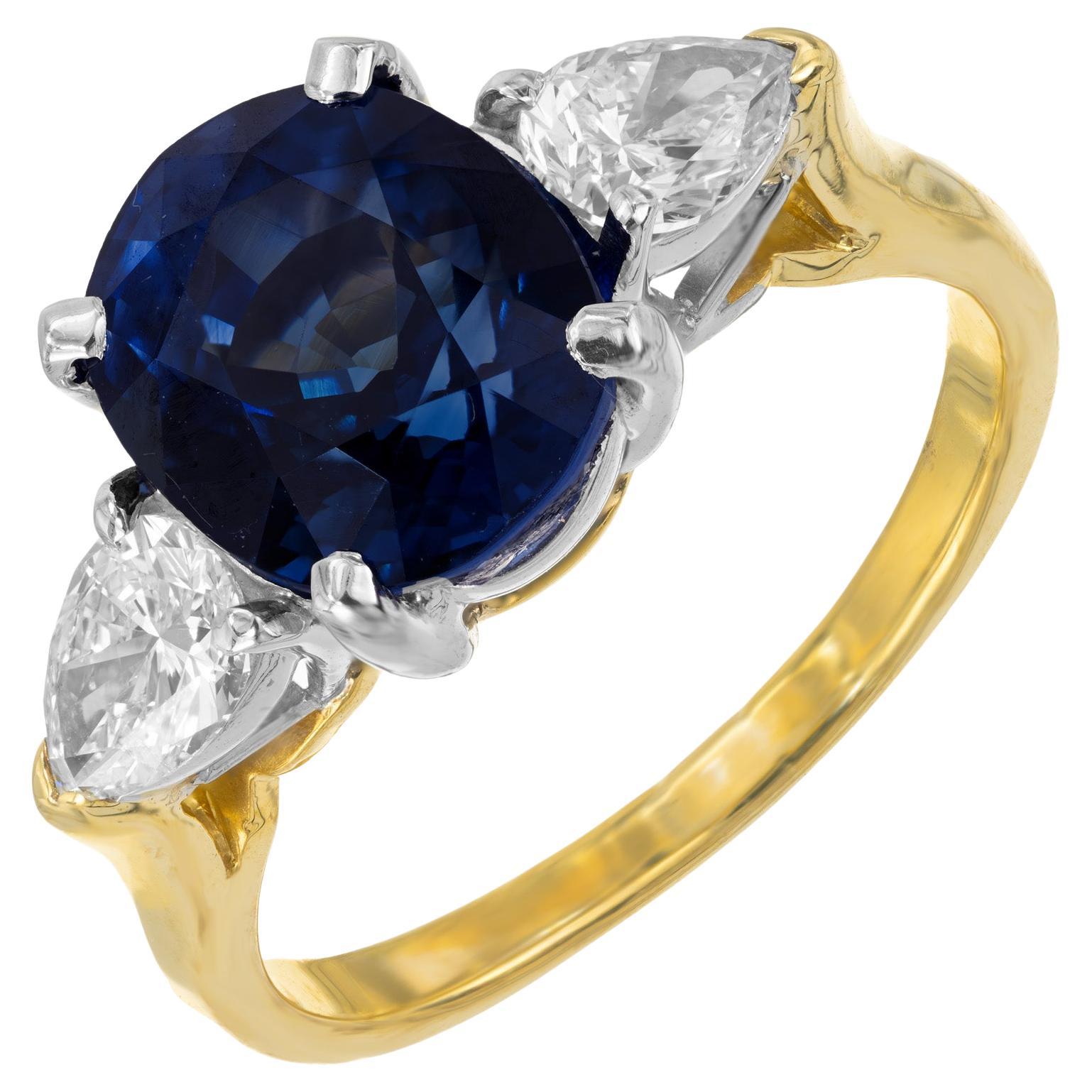 4.53 Carat Natural Sapphire Pear Shaped Diamond Gold Platinum Engagement Ring